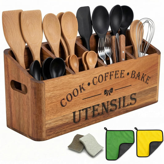 YanKiTour Wooden Kitchen Utensil Holder, Acacia Wood, Extra Large, 4-Compartment, Countertop Organizer, Wall Mount Option, Cooking Utensil Caddy, Ventilation Holes & Non-Slip Pads (4 Compartments)