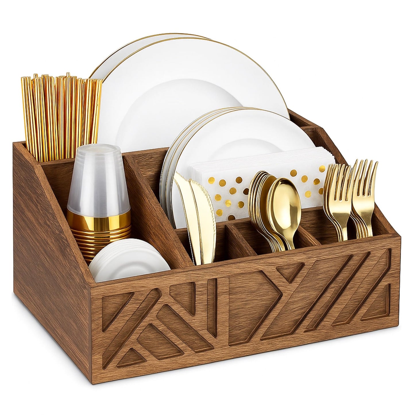Velvet Petel Paper Plate Dispenser |Paper Plate Holders For Kitchen Counter |Wooden Utensil Holder Silverware Organizer |Cutlery Flatware Organizer Box For Cups, Plates, Cutlery,Kitchen Accessories