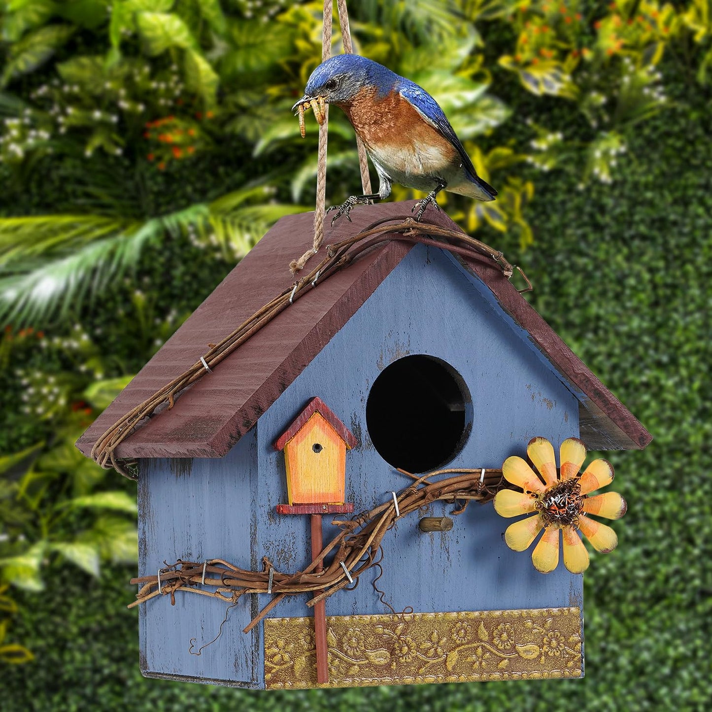 AHUONEL Hanging Bird Houses for Outside Decorative Birdhouse, Garden Bird Feeders for Outdoors, Blue Wooden Bird Nest Box for Wren Finchs Hummingbird Cardinal Bluebird Wild Birds, Gift for Bird Lovers