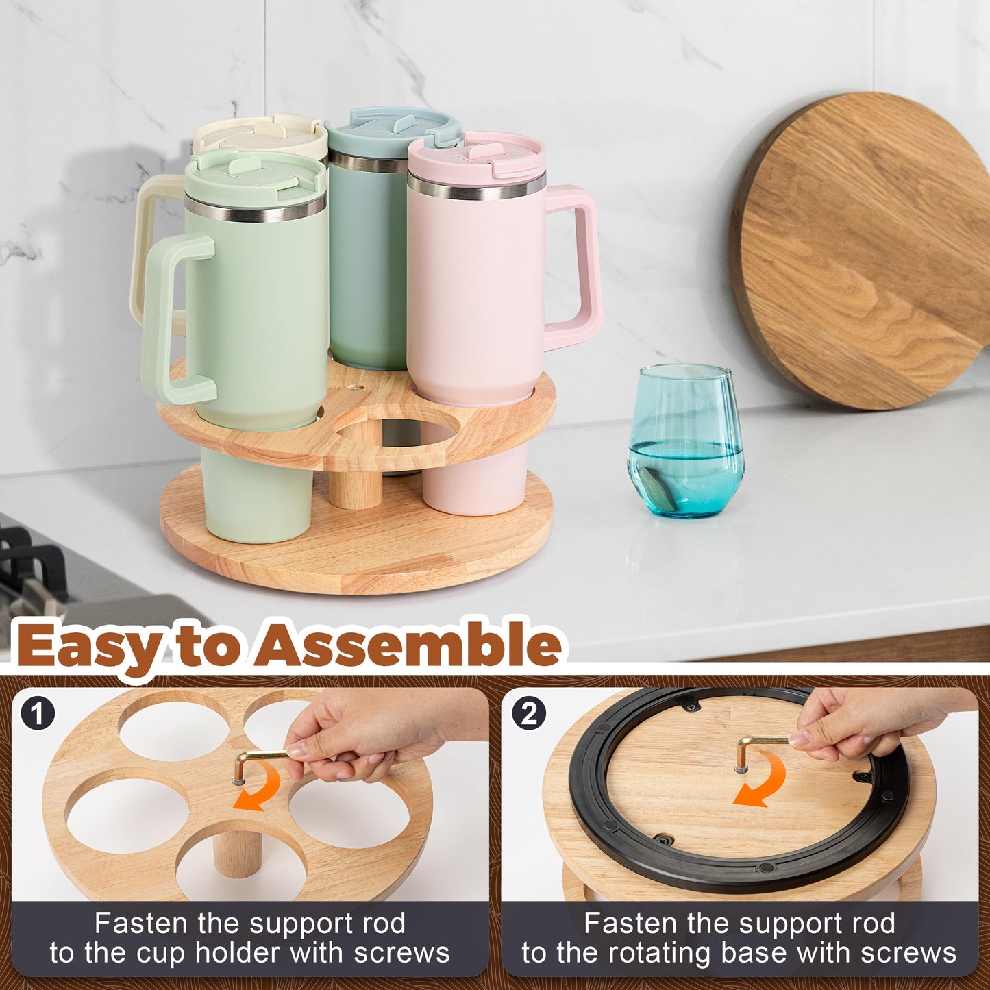 MyLifeUNIT Water Bottle Organizer for Stanley Cups 40oz/30oz/20oz, 360° Rotating Wooden Tumbler Organizer, Stanley Cup Holder for Cabinet Storage (Yellow)