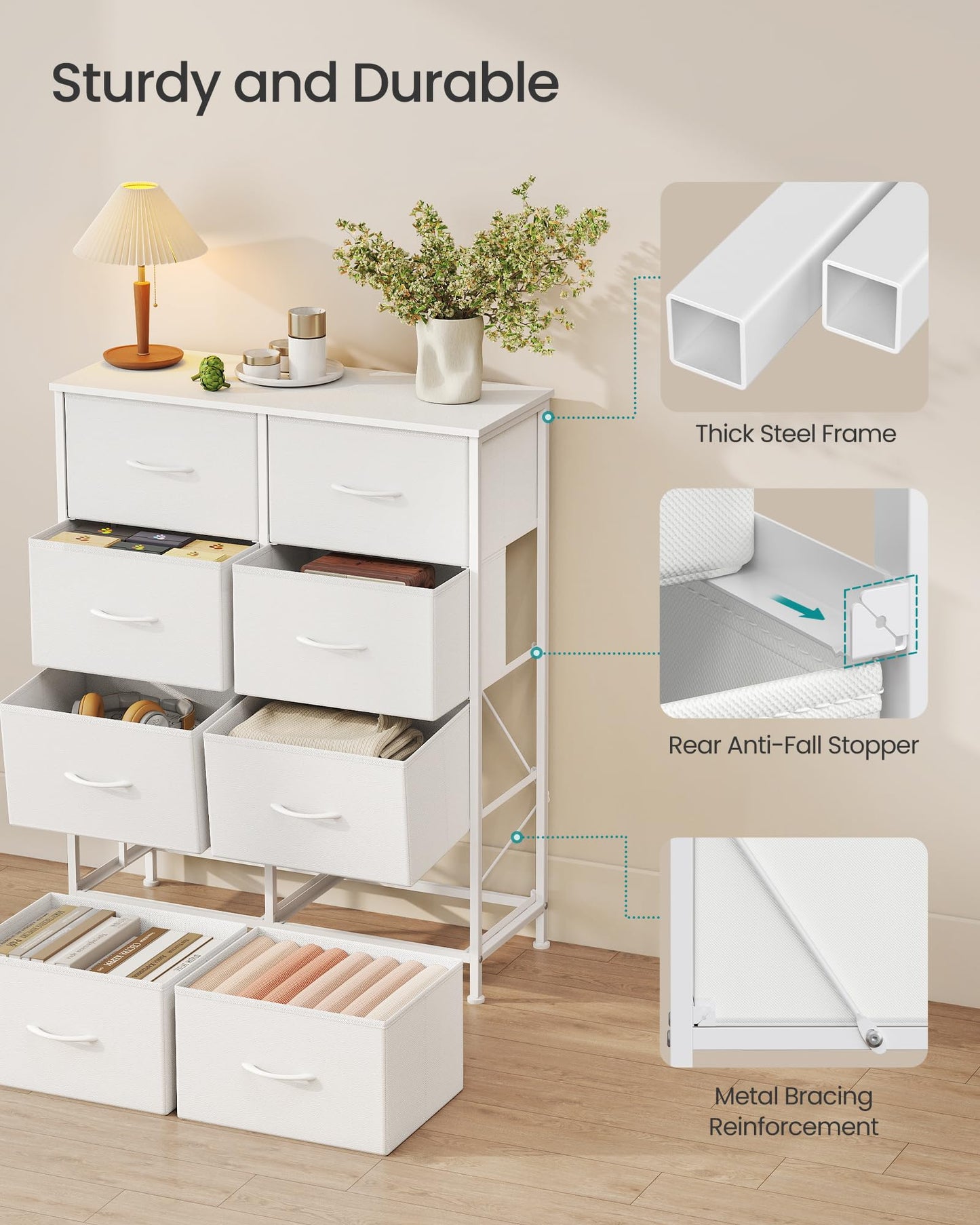SONGMICS BELLAH Collection - Dresser for Bedroom, Chest of Drawers, Storage Organizer Unit, Closet, Entryway, Steel, 8 Drawers, Modern, Cloud White and Snow White ULGS124W01S