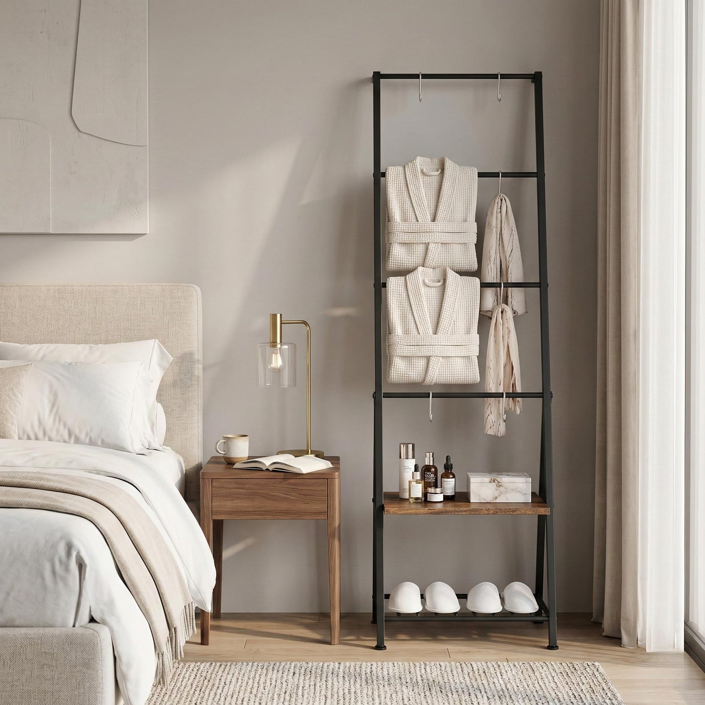 CADUKE Blanket Ladders for the Living Room, 6-Tier Rustic Blanket Rack Decorative Stand, Quilt Display Holder, Freestanding Towel Rack with Metal Frame, Wooden Shelf & 8 Hooks for Bedroom Bathroom