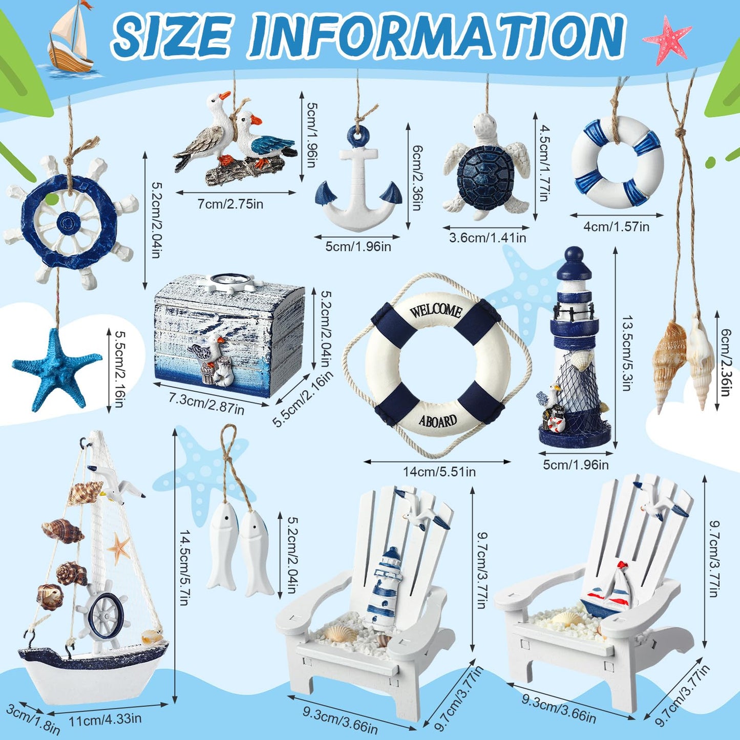 Yousoontic 14 Pack Mini Wood Nautical Home Decor Mediterranean Style Lighthouse, Beach Chair, Sailboat, Wood Box, Anchor, Life Ring, Starfish, Fish Pendant, Swimming Ring, Long Conch, Helmsman, Birds