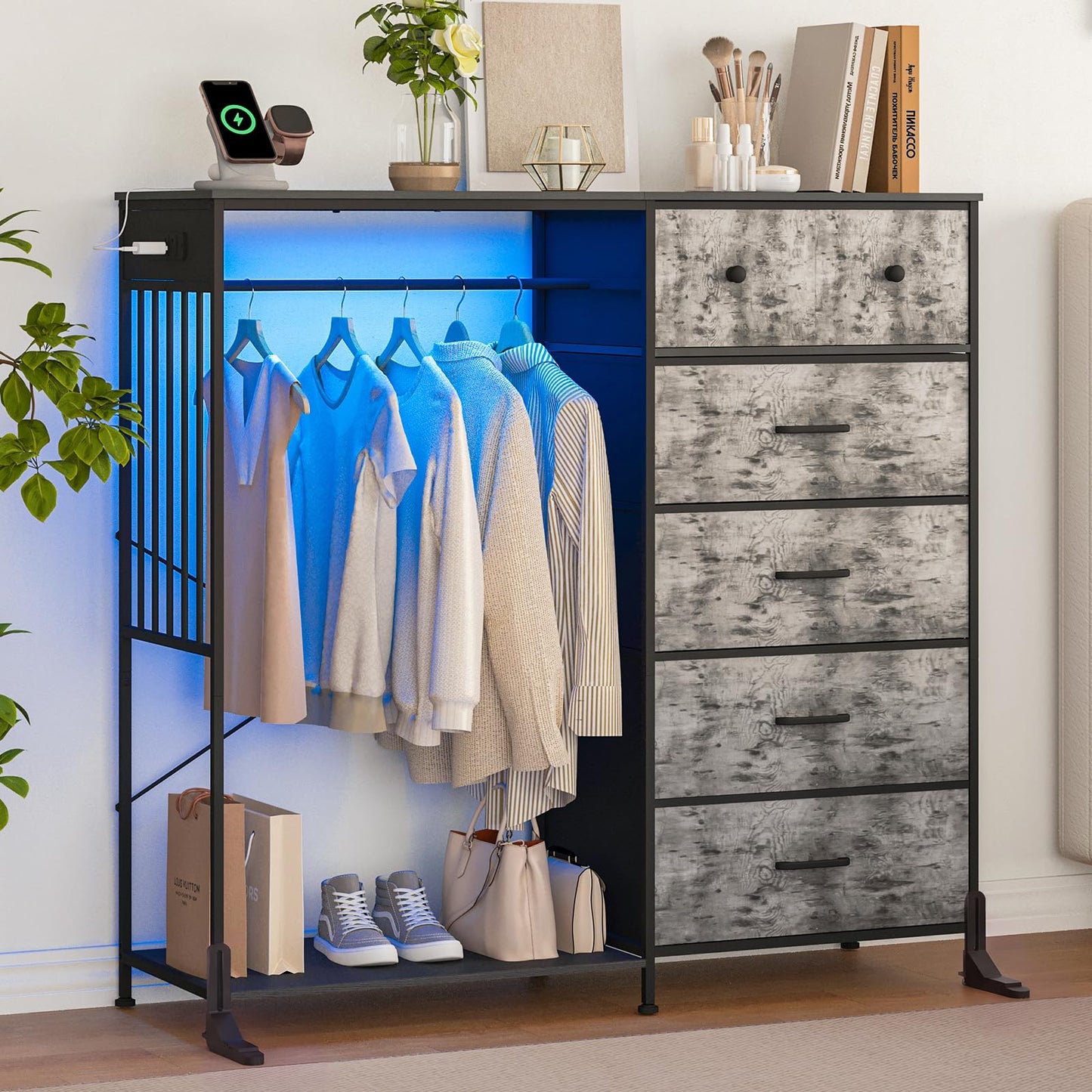 IDEALHOUSE 6 Drawers Dresser for Bedroom with Hanging Rack, LED Lights & Charging Station, Fabric Dressers & Chest of Drawers with Rack, Wooden Top, Grid Panel