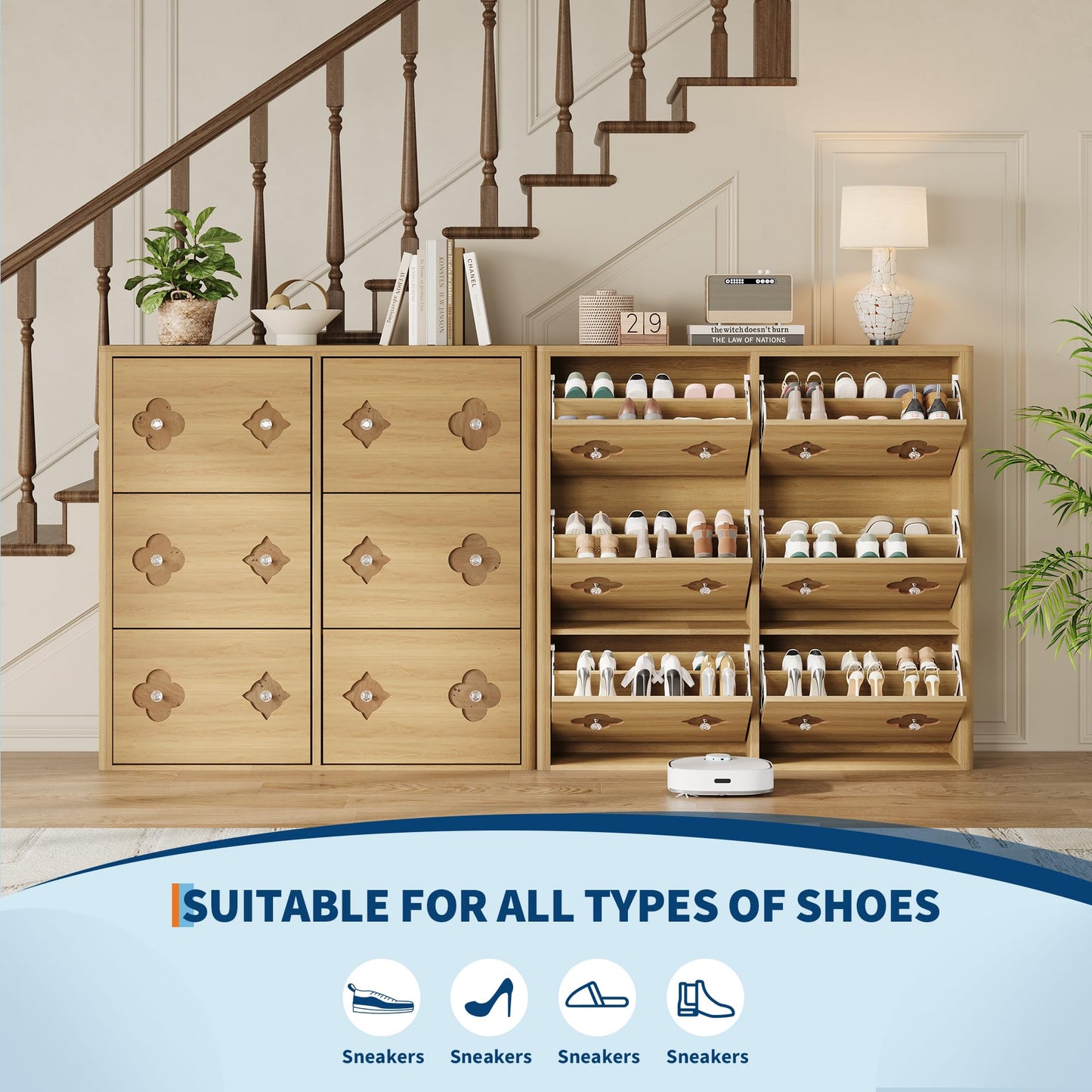 Shoe Cabinet with 6 Flip Drawers, Shoe Storage Cabinet with Adjustable Shelves, Flower Pattern & Diamond Handle, Freestanding Slim Shoe Storage, Wooden Shoe Organizer Cabinet for Entryway, Natural