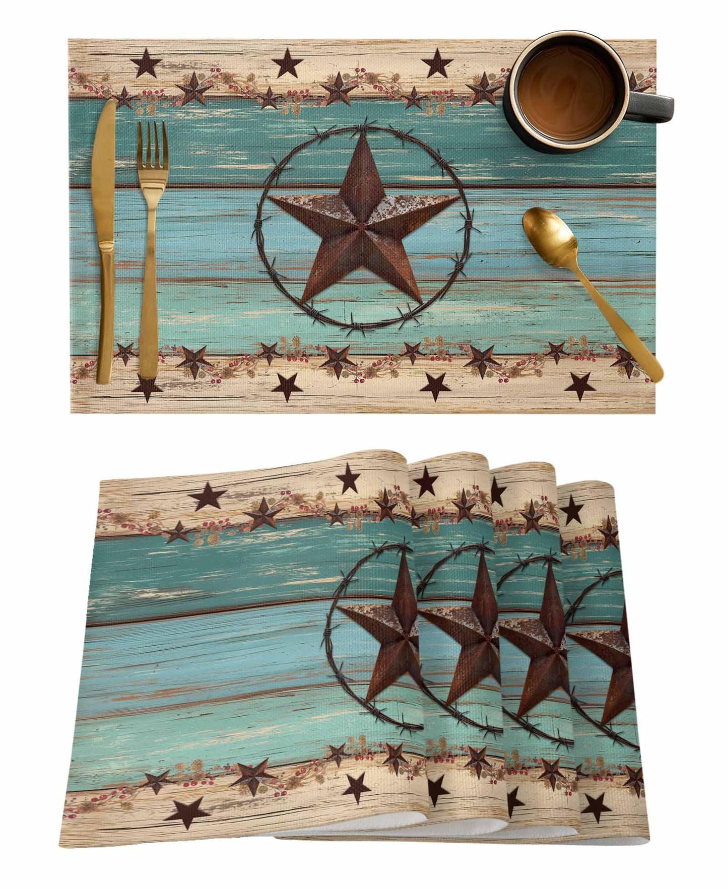 Western Texas Star Placemats Set of 6 Retro Turquoise Wooden Rustic Farmhouse 13x19 Inch Washable Non Slip Linen Table Mats, Rustic Summer Placemats for Dining Table Party Kitchen Decor