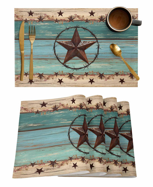 Western Texas Star Placemats Set of 6 Retro Turquoise Wooden Rustic Farmhouse 13x19 Inch Washable Non Slip Linen Table Mats, Rustic Summer Placemats for Dining Table Party Kitchen Decor