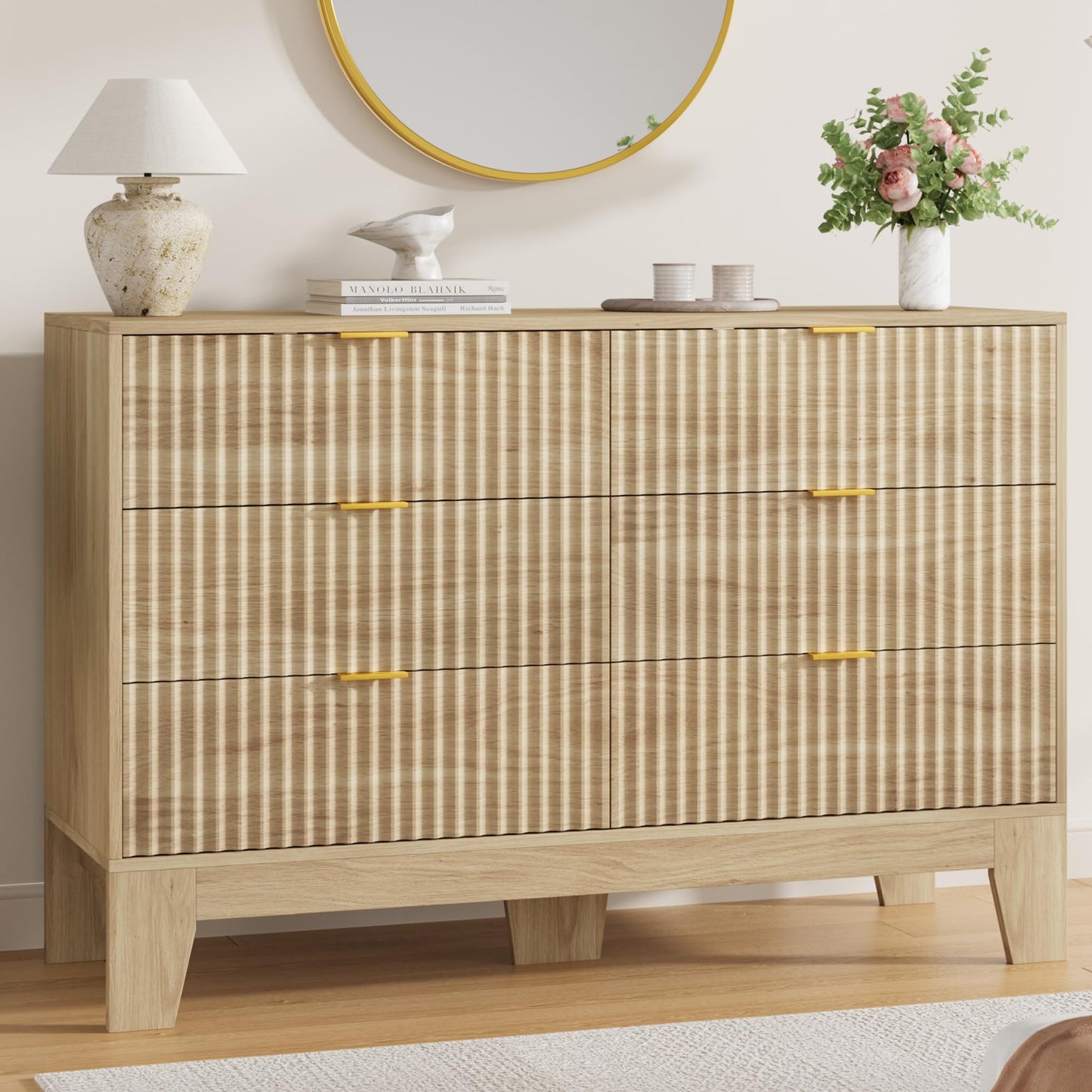 Garvee 6 Drawer Dresser for Bedroom, 47" Wide Fluted Chest of Drawers with Metal Handle, Modern Wooden Dresser TV Stand, Clothes Storage Organizer Wood Closet for Hallway, Entryway, Natural Oak