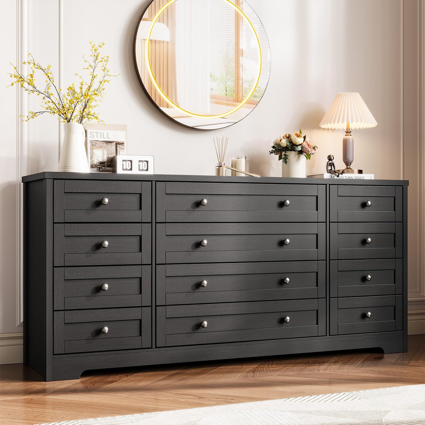 Garvee 12 Drawer Wooden Dressers for Bedroom, Black Dresser for Adult Bedroom, Modern Wood Chest of Drawers for Living Room, Closet, Entryway, Hallway, Farmhouse Wide TV Stand for 65 Inch TV