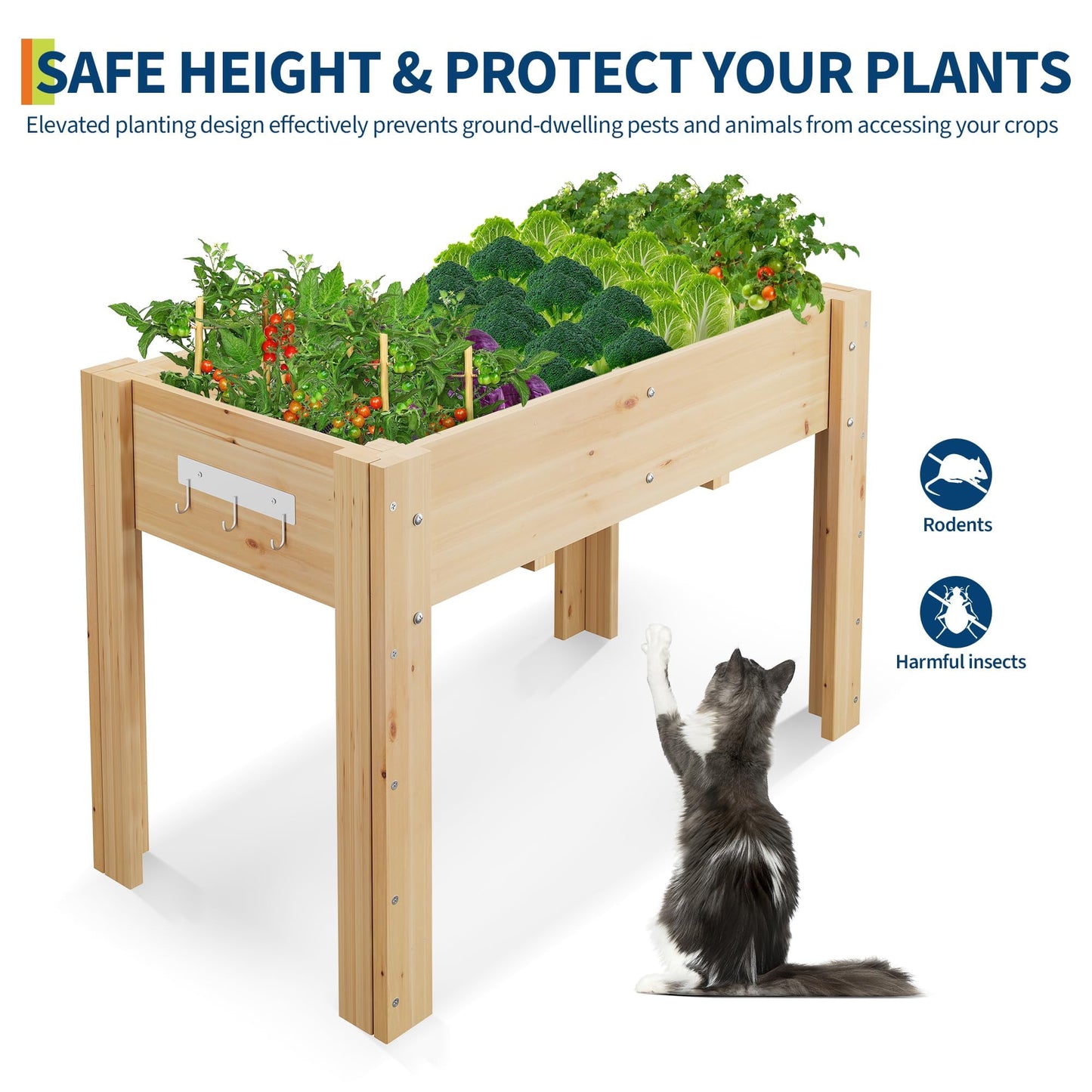 Takywep 47x30x22 in Raised Garden Bed, Elevated Wooden Planter Box with Legs and Hooks, Fabric Liner, Non-Toxic Fir Wood, Perfect for Vegetables, Herbs & Flowers, Outdoor Garden