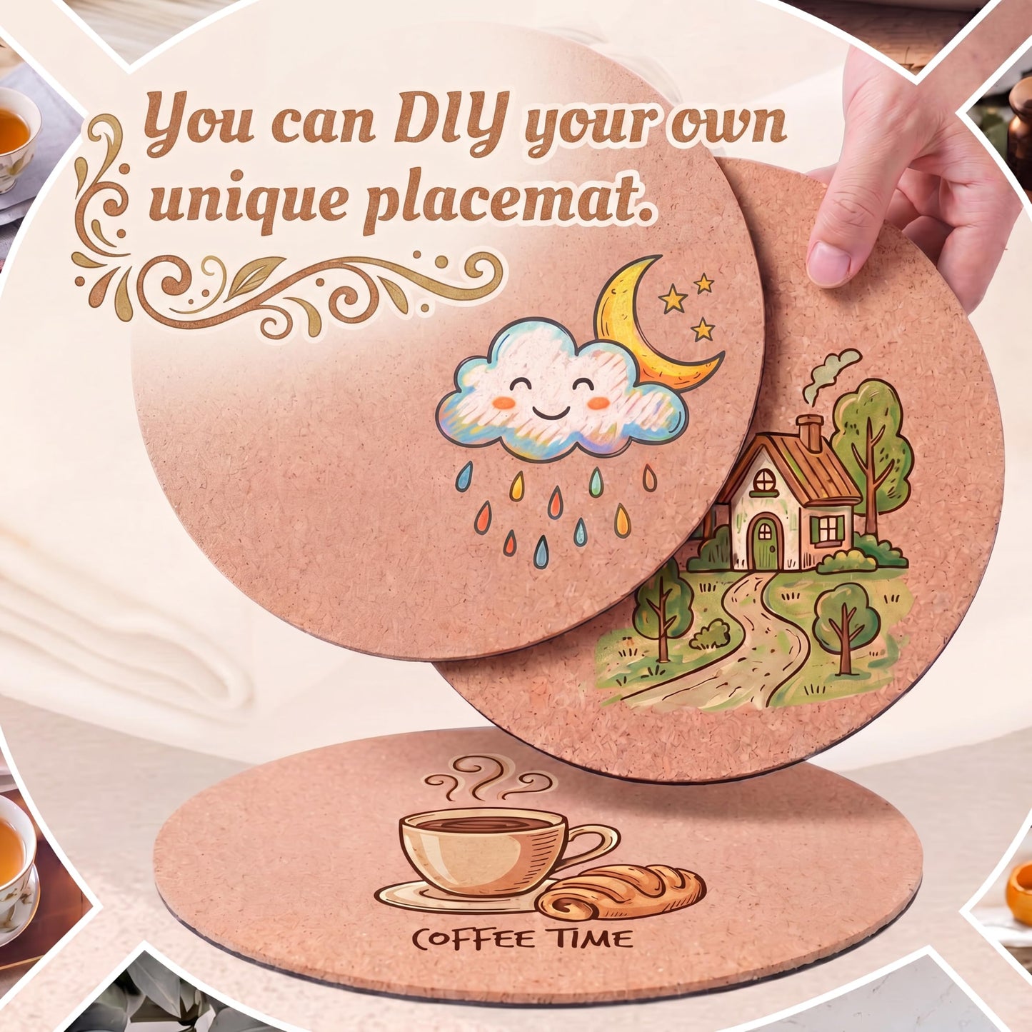 Gandeer Set of 6 Round Cork Placemats Rustic Heat Resistant Wooden Place Mats Cork Trivets for Hot Dishes High Density Thick Wood Coasters Non-Slip Hot Pads for Kitchen and Dining Tables Easy Clean