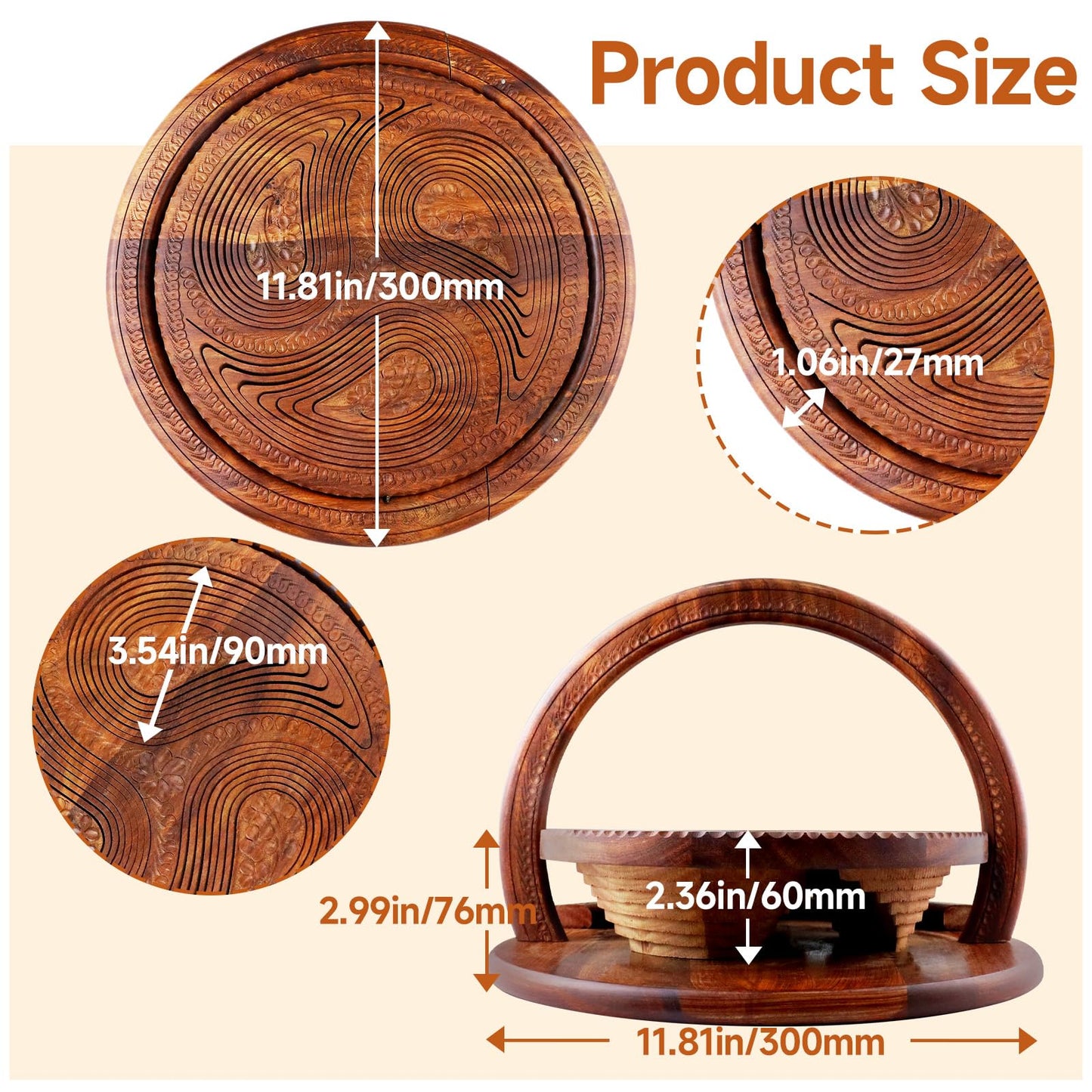 UnicornMAG Handmade 12" Collapsible Wooden Basket, 3-Compartment Paisley Design Fruit & Bread Bowl, Multi-Functional Trivet & Centerpiece, Folds Flat for Easy Storage