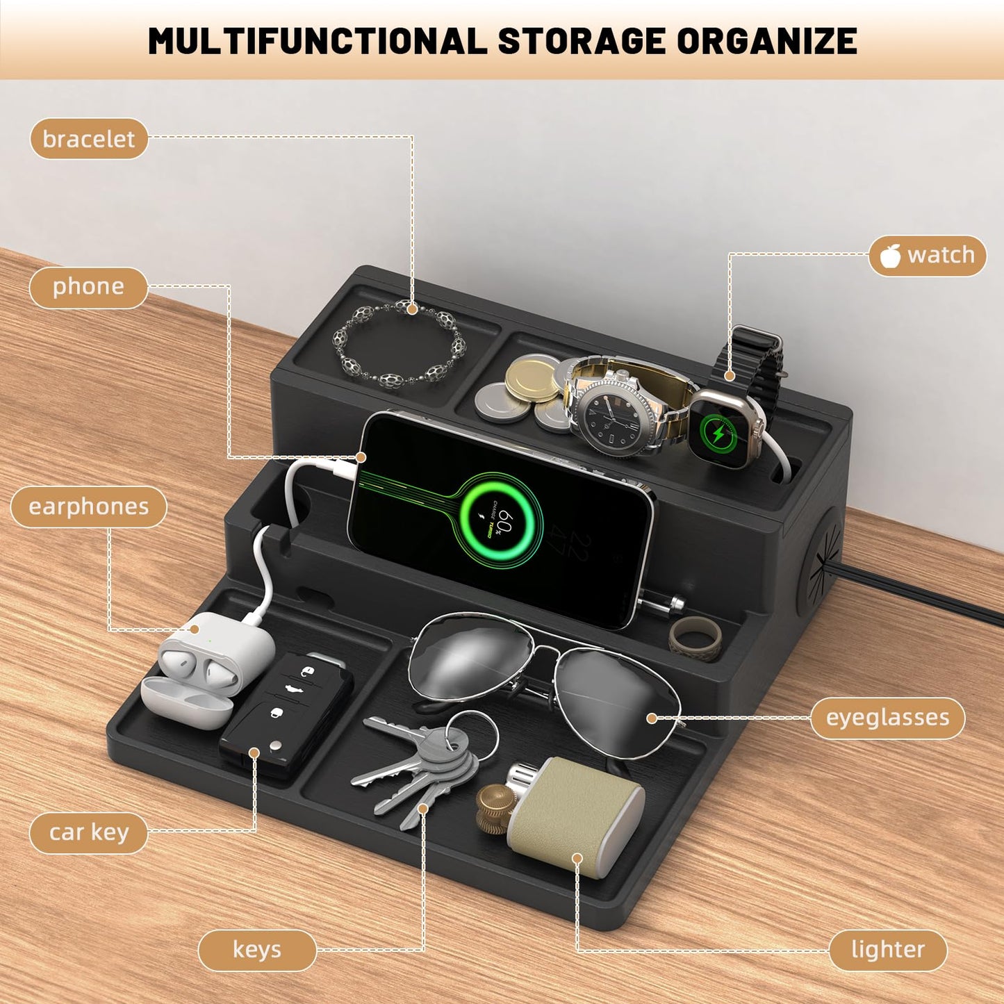Valet Tray, Nightstand Organizer with Charging Station, Assembly-Free 3 Layer Wood Valet Tray for Men, Phone Docking Station with USB Ports for Watch, Jewelry & Accessories, Nice Gift (Classic Black)