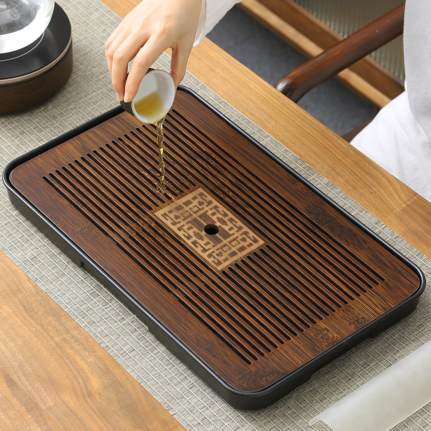 Jotsport 17 Inch Bamboo Chinese Gongfu Tea Tray with Water Storage Drainage for Kung Fu Tea Set, (Large, Black)