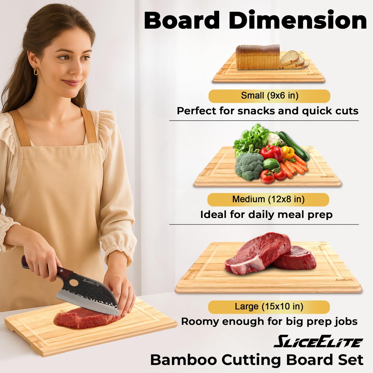 SliceElite Bamboo Cutting Board Set of 3 Wooden Cutting Boards for Kitchen with Juice Grooves Side Handles Bamboo Chopping Boards for Meat Vegetables Fruit Bread Charcuterie Meal Prep Serving Tray Set