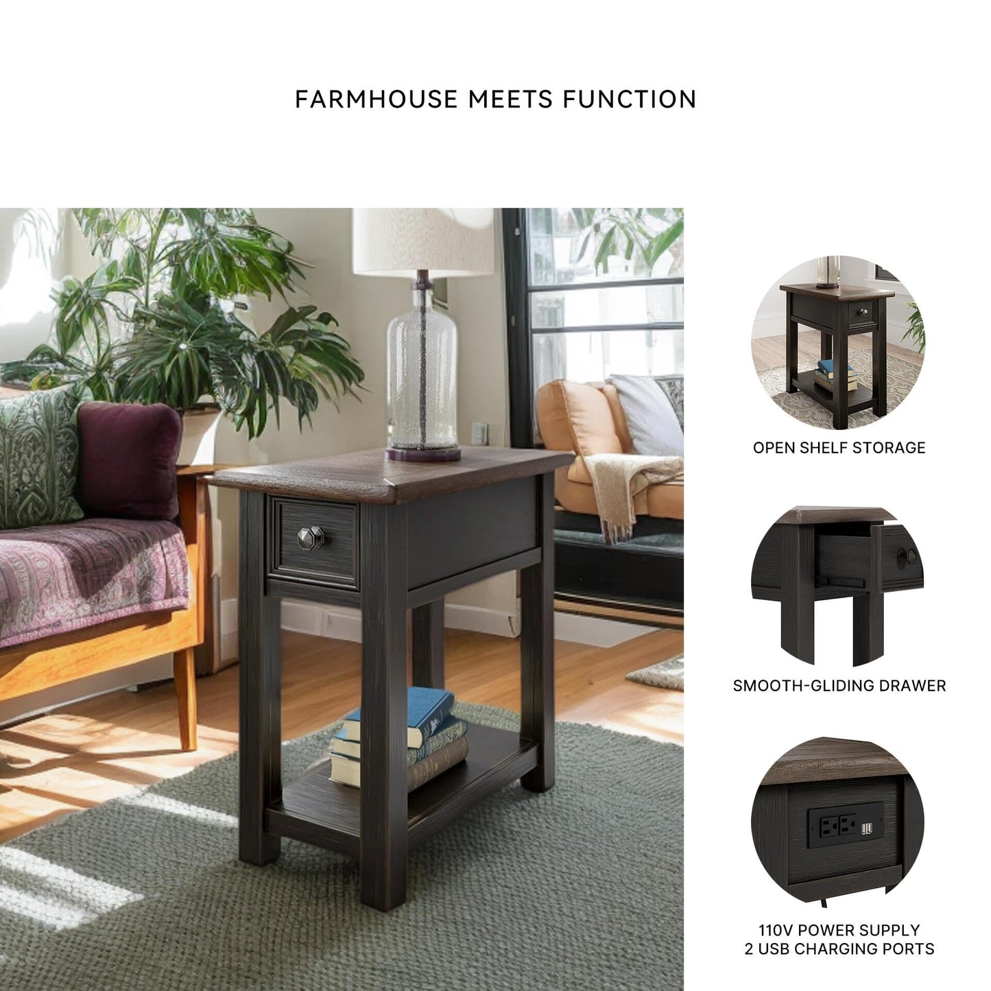 Signature Design by Ashley Narrow Side Table with Charging Station, Tyler Creek Chairside End Table, Wood, Smooth-Gliding Storage Drawer, Living Room Furniture, Grayish Brown/Black