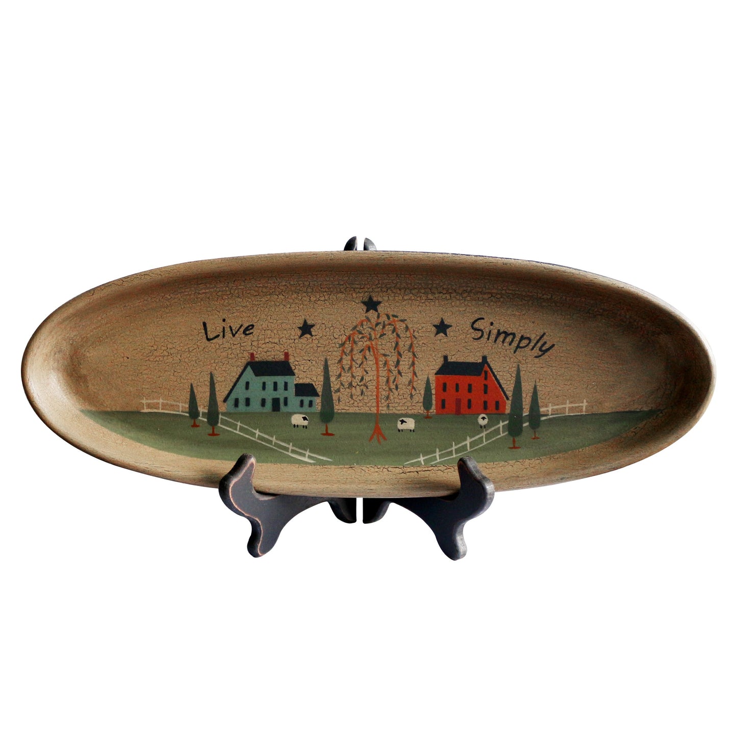 CVHOMEDECO. Primitive Rustic House Willow Tree Sheep Wood Decorative Plate Oval Crackled Display Wooden Plate Home Décor Art, 15-1/2 X 5-3/4 Inch