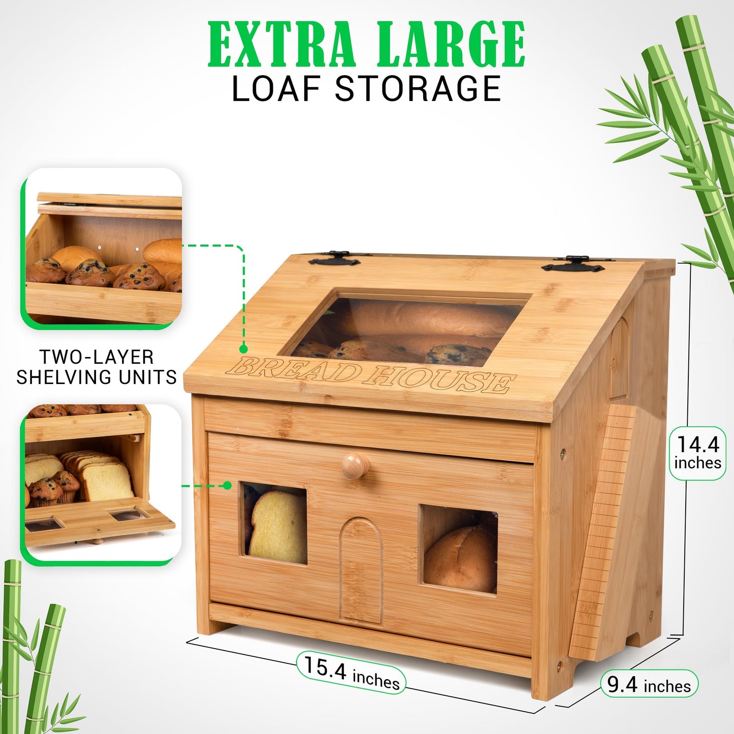 3J2 Discoveries Bread Box for Kitchen Countertop – Large Wooden Bamboo Bread Box with Cutting Board (SELF-ASSEMBLY)
