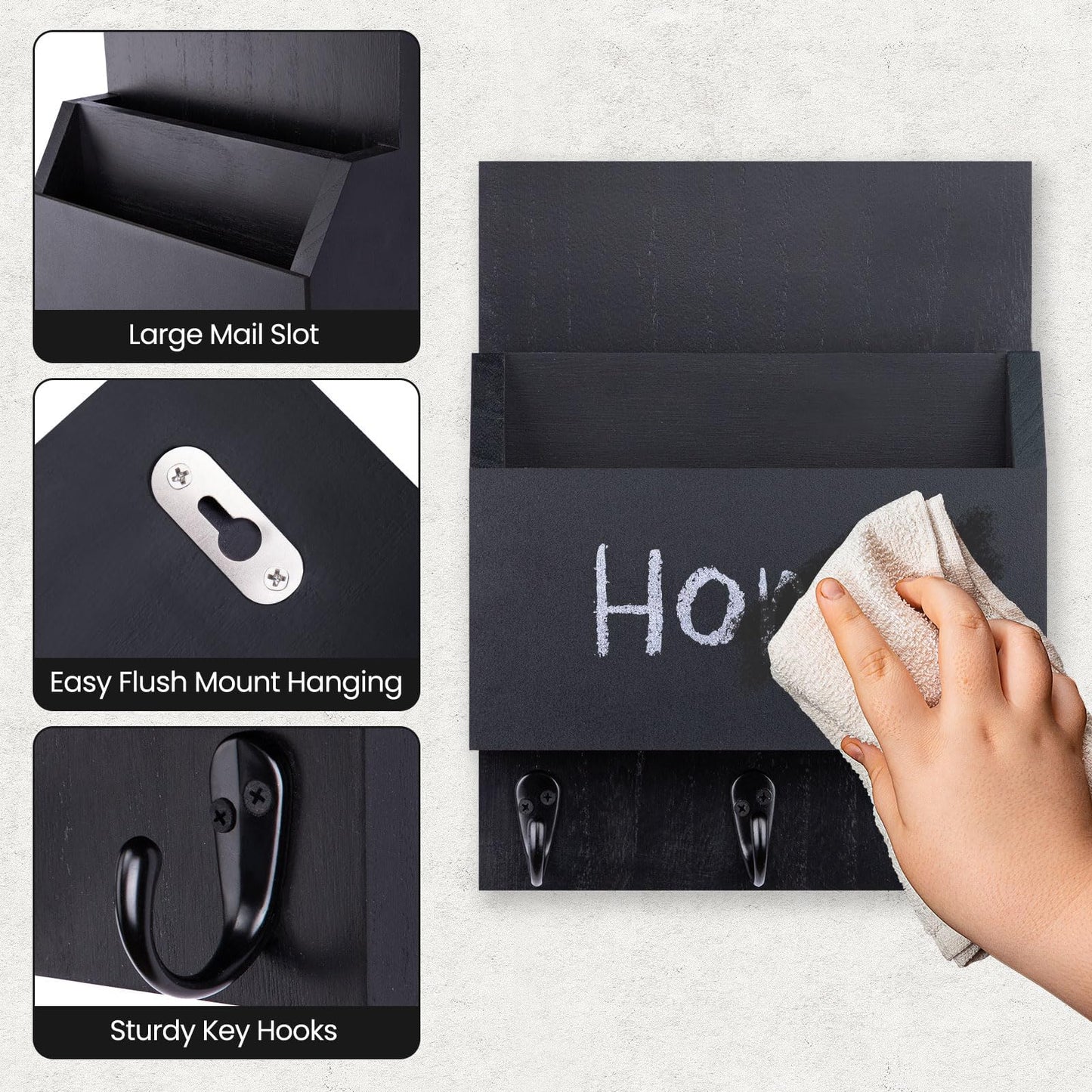 Lucundm Key and Mail Holder for Wall Mount, Entryway Mail Holder with 2 Slot, Key Holder with 3 Sturdy Hooks for Coat, Dog Leash, Decorative Key Rack (8.86”W x 11.42”H x 3”D) (Black)