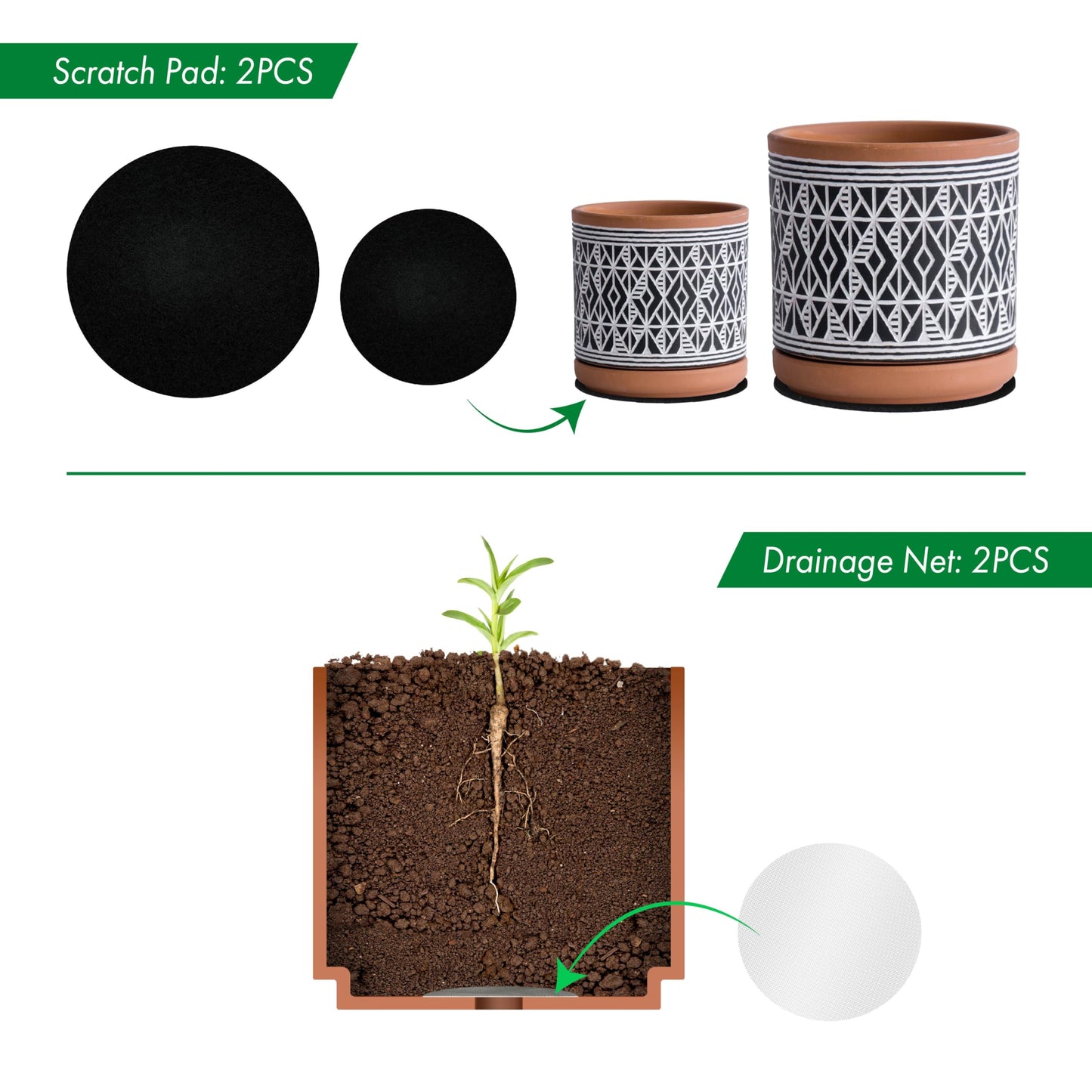 D'vine Dev Set of 2 Terracotta Pots, Diamond Pattern Planter Pot, 4 Inch and 6 Inch, Pot with Drainage Hole and Saucer, Terracotta/Black, 31-958-G-2