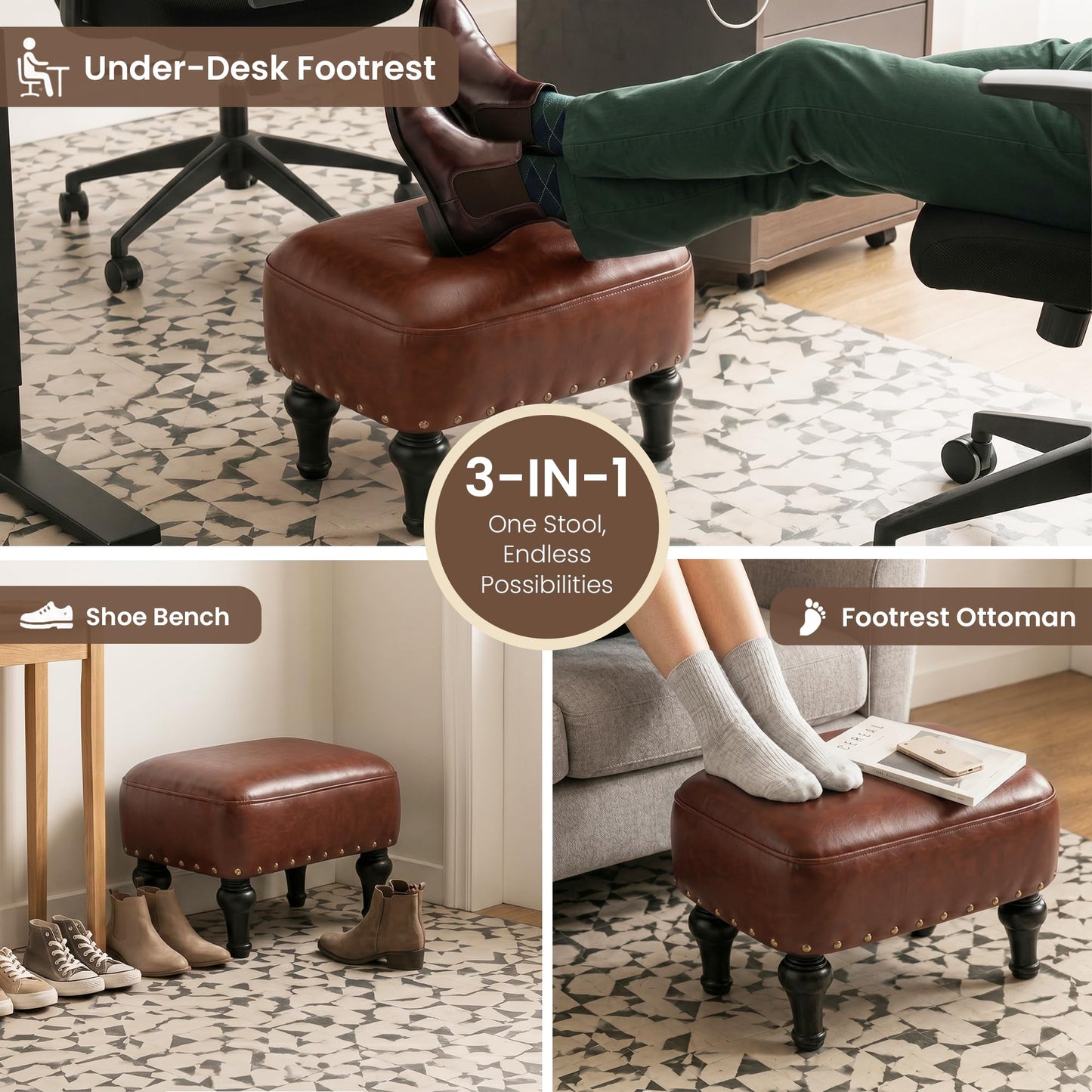 Cmishe Ottoman Leather Footrest,Vintage Footstool,Thickened Foam Upholstered Seat,Wooden Leg Foot Rest,Under Desk Shoe Bench Small Bench for Living Room Dining Room(Bronw)
