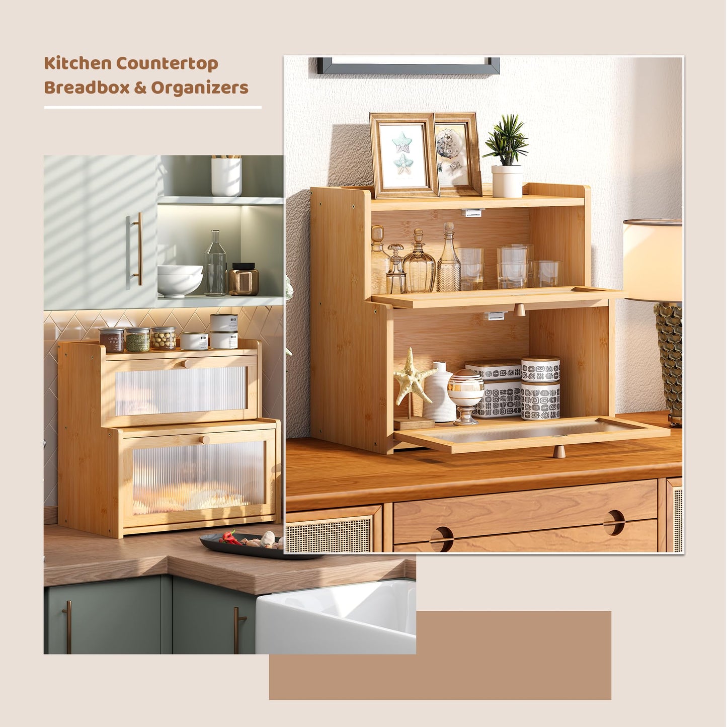 FILWH Bread Box for Kitchen Countertop Double Layer Large Corner Bread Box Capacity Bread Storage Bin Farmhouse Breadbox Container Organizer Cabinet Cupboard Nature