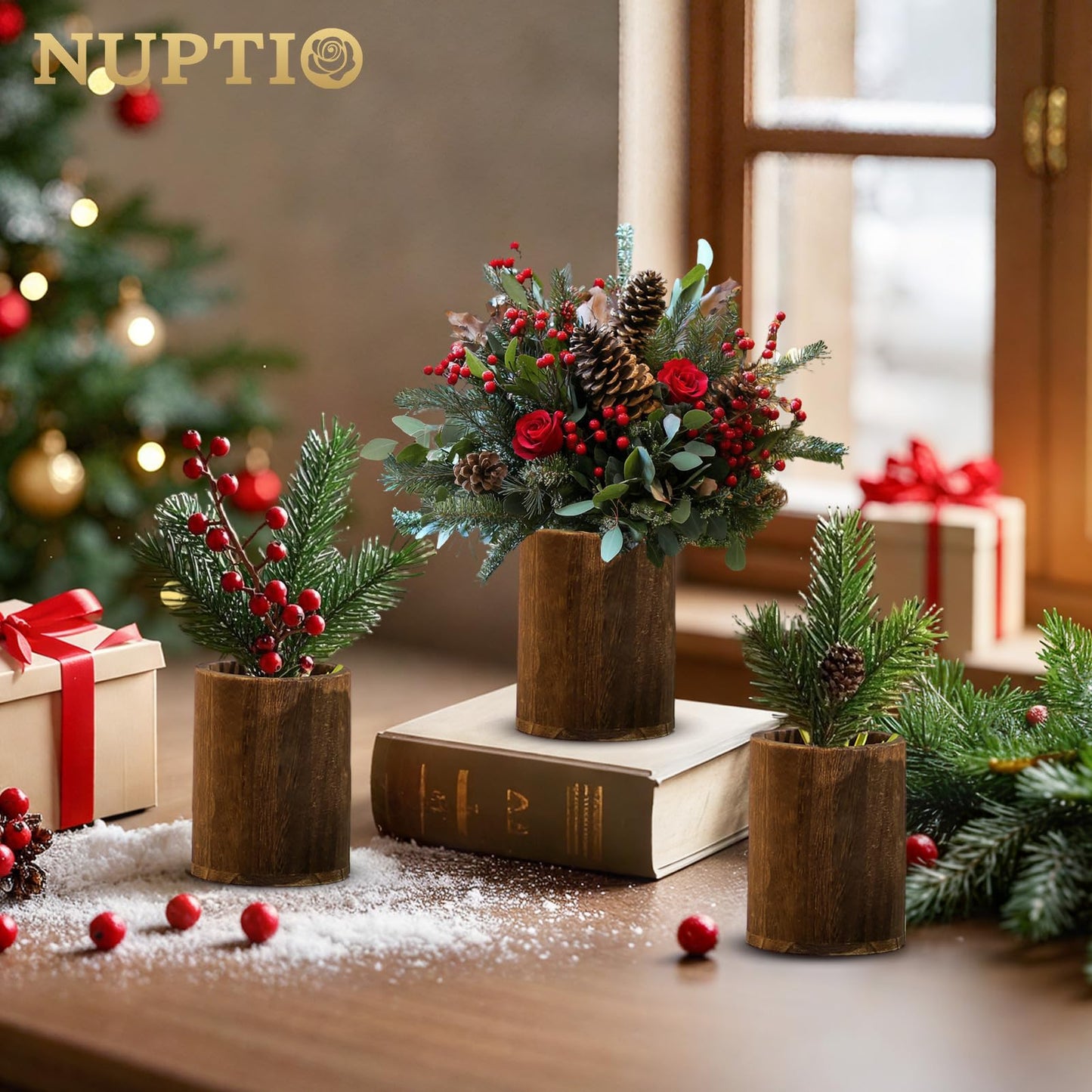 NUPTIO Wood Vases Rustic Centerpiece: 6 Pcs 5.1" Wooden Vase for Home Decor - Brown Small Vase for Wedding Table Living Room Shelf Decor