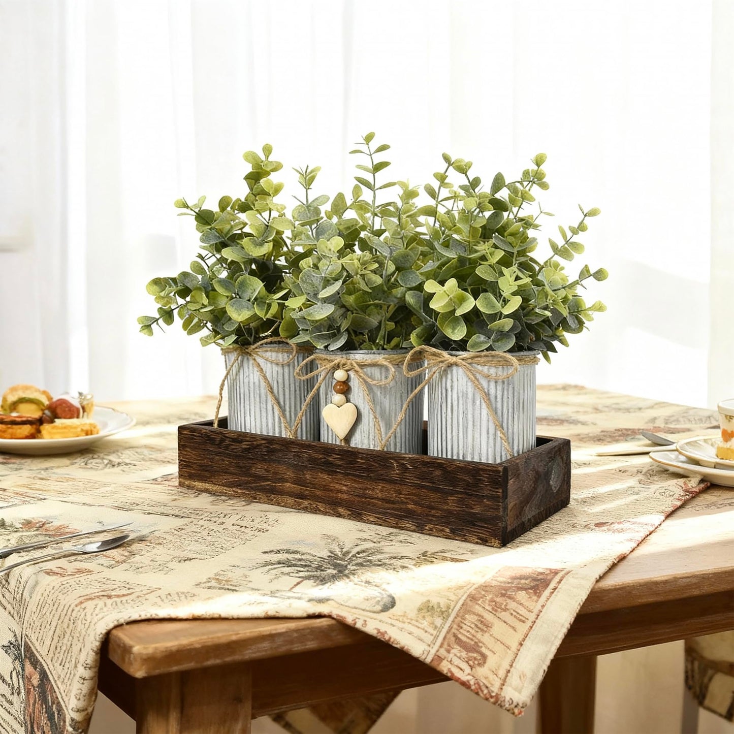 CANCLEAR Rustic Farmhouse 3-Piece Artificial Eucalyptus Centerpiece – Wooden Tray with 3 Galvanized Metal Pots & Faux Greenery – Table Decor for Dining Room, Kitchen, Living Room, Bathroom, Office