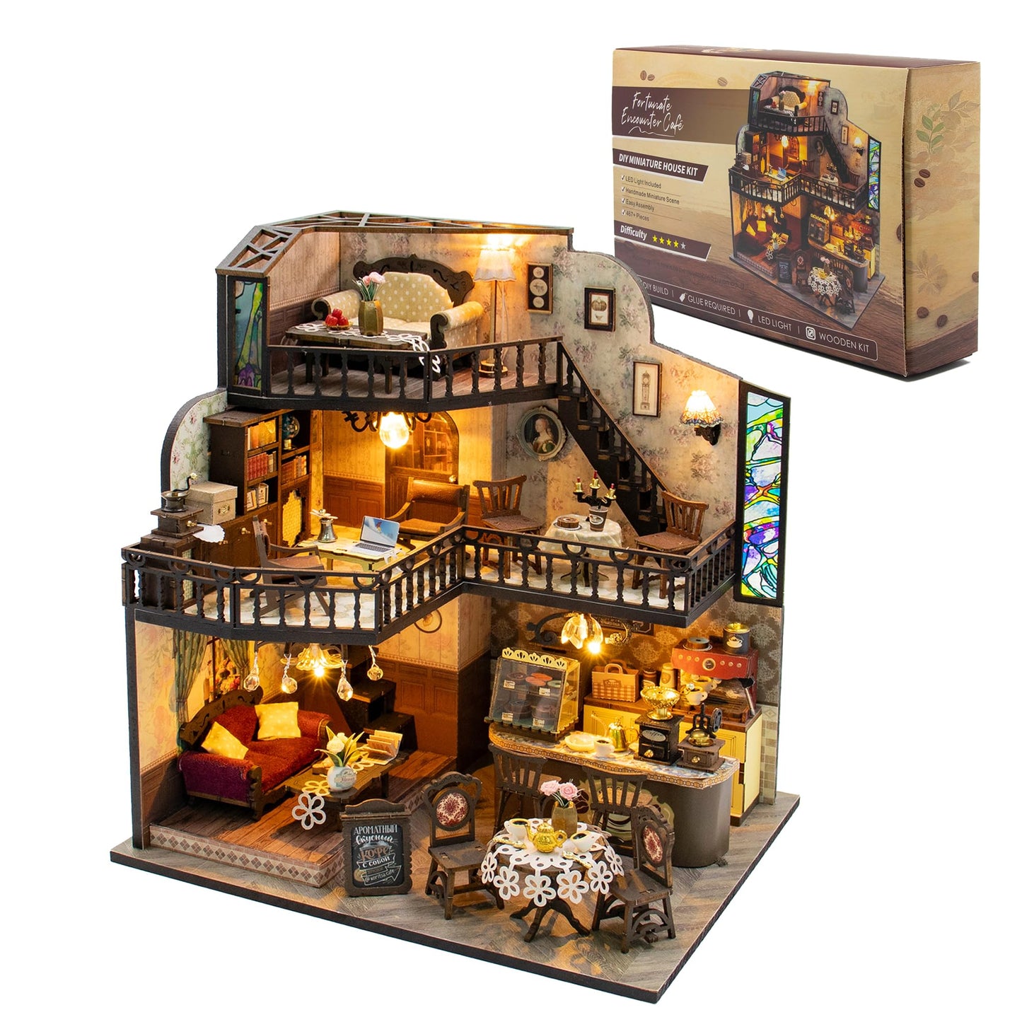DIY Miniature House Kit, Fairy Dollhouse for Adults to Build, Mini Home Building Kit with Wooden Furniture & LED Lights,Garden Detials, Gift for Family and Friends (Fortunate Encounter Café)