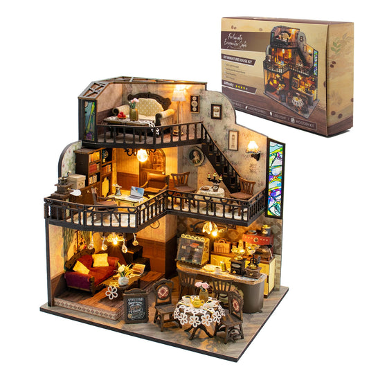 DIY Miniature House Kit, Fairy Dollhouse for Adults to Build, Mini Home Building Kit with Wooden Furniture & LED Lights,Garden Detials, Gift for Family and Friends (Fortunate Encounter Café)
