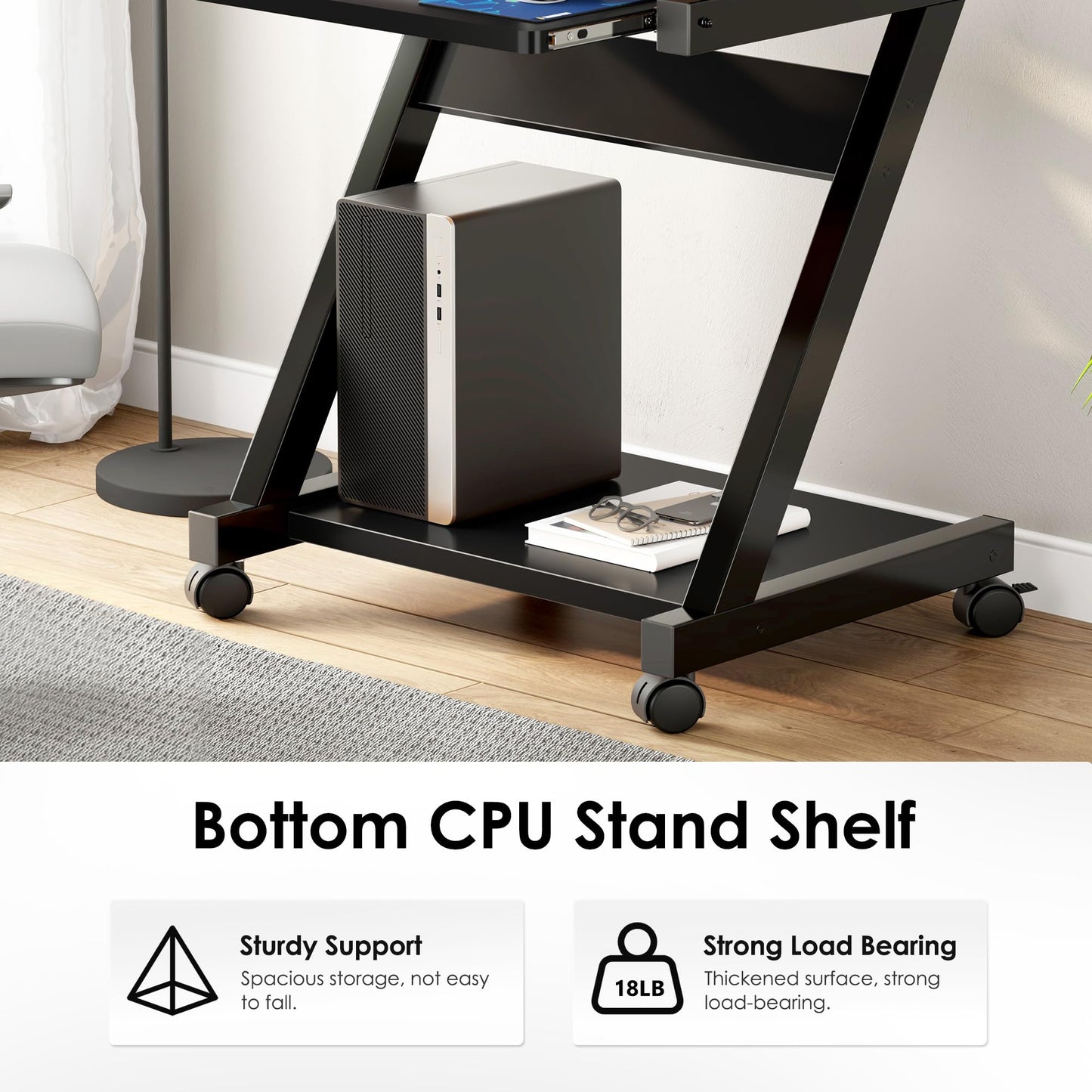 sogesfurniture Mobile Computer Desk, Small Rolling Work Workstation for Home and Office with Printer Shelf, Keyboard Drawers,23.6 x 18.9 x 28.7 Inches,BHUS-DX-8110-BB(Black)