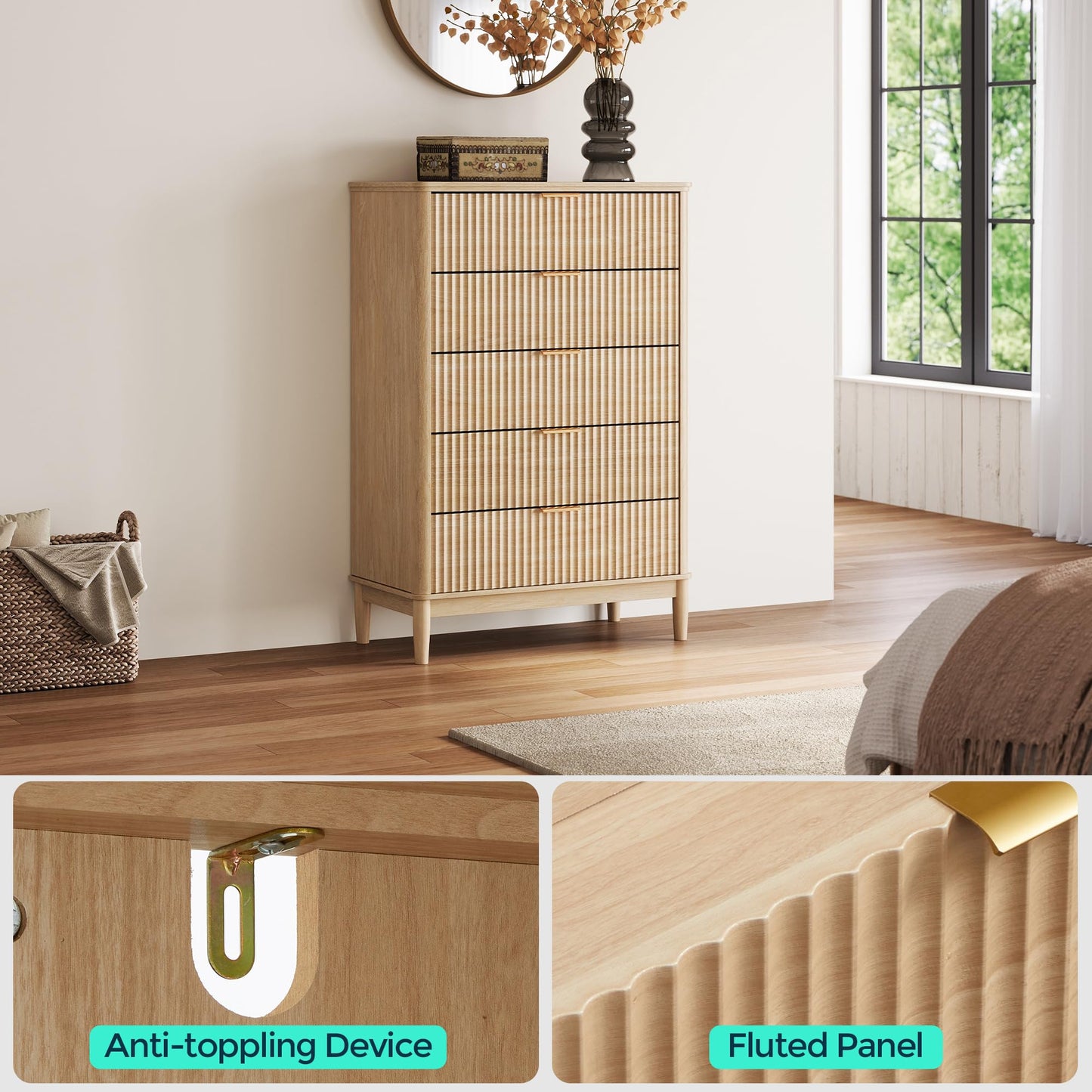 LINSY Fluted Dresser for Bedroom with 5 Drawers, Mid Century Modern Chest of Drawers with Gold Metal Handles, Tall Boho Wood Dressers, Large Farmhouse Storage Cabinet for Bedroom, Living Room, Oak