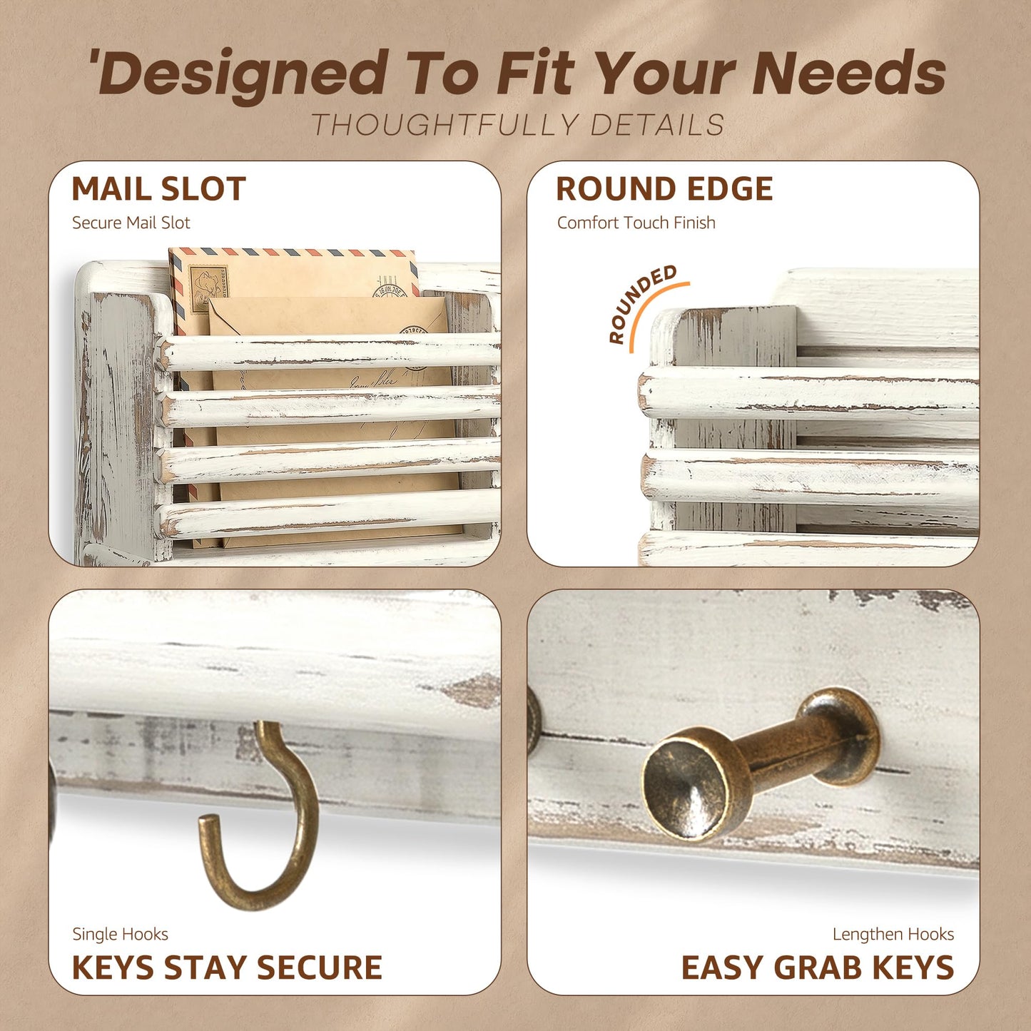 Rebee Vision Pine Wood Key Holder Wall Mount for Room Decor - Mail Organizer Featuring 8 Hooks for Dog Leash & Hats - Rustic Key Holder for Wall with Mail Slot Can Store Letters(Whitewash)