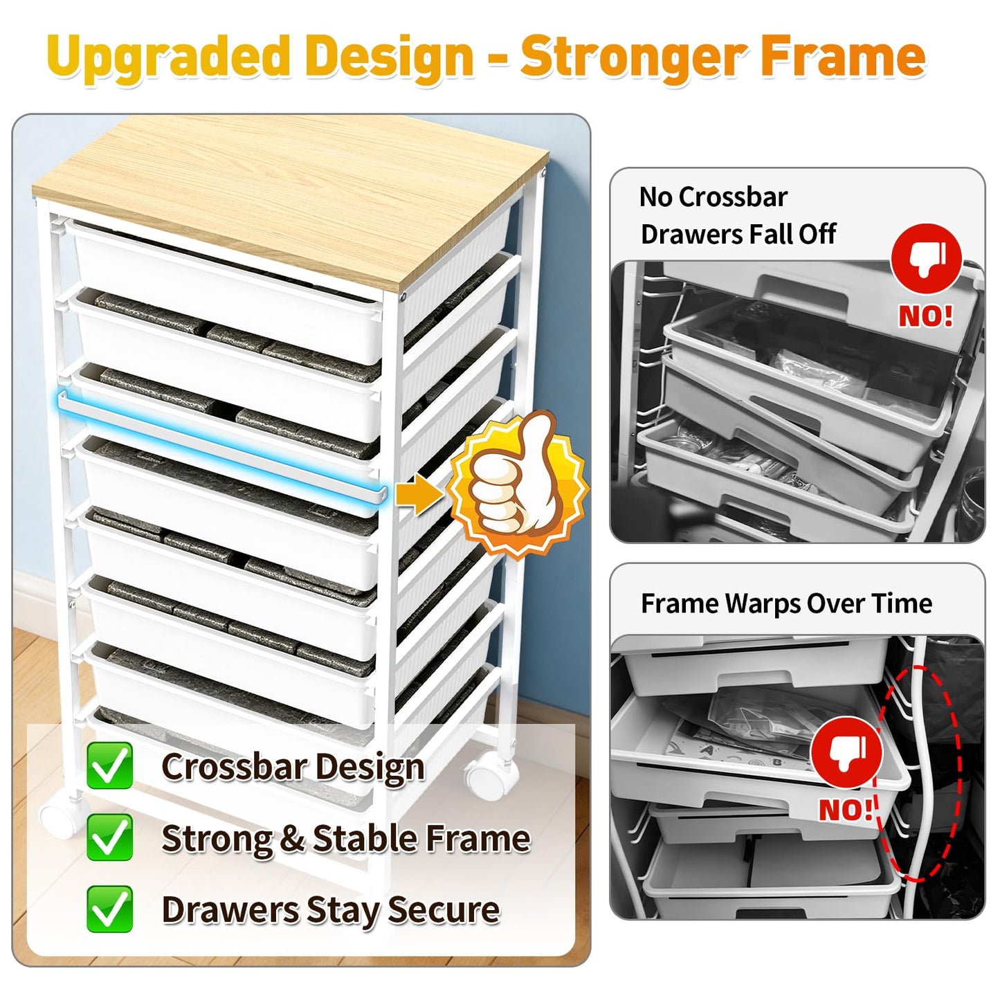 SUNALLY Rolling Cart With 8 Drawers, Storage Drawer Carts with Wooden Tabletop and 2 Lockable Wheels, 8 Tier Rolling Cart for Craft Art Supply Storage & Home Office Organization, White
