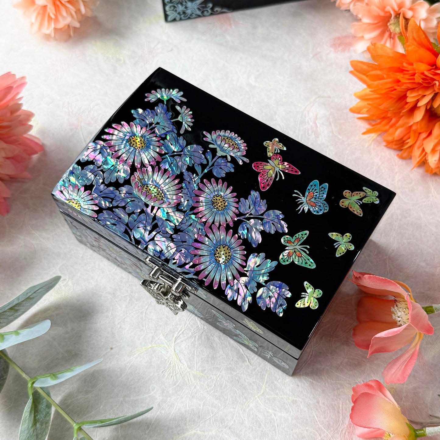 Nacreh Mother of Pearl Inlay Jewelry Box, Wooden Trinket Organizer with Compartments for Rings, Necklaces, Decorative Keepsake Gift for Women (Chrysanthemum)