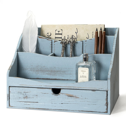 Rebee Vision Pine Wooden Mail Organizer for Desk - Rustic Farmhouse Mail Holder for Desk Organization with Drawer & Dividers - 4-Slot Letter Sorter, File Storage & Home Office Decor (Blue)