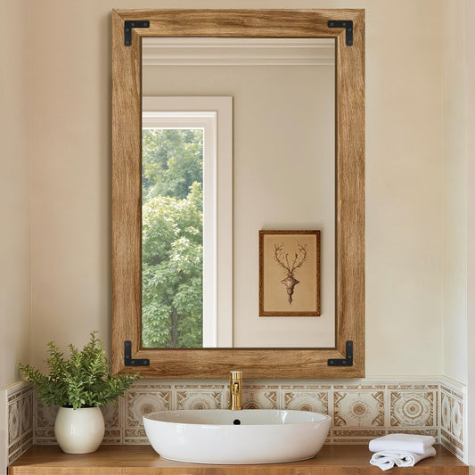 Wooden Bathroom Mirror for Wall, 38"x26" Solid Wood Frame Vanity Mirror, for Farmhouse, Bedroom, Living Room, Entryway Decor, Hangs Vertically or Horizontally