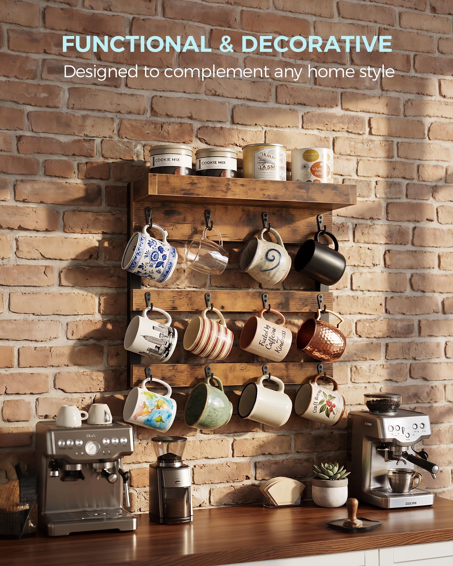OROPY Coffee Mug Rack Wall Mounted, Rustic Wood Cups Rack with 12 Hooks and Storage Shelf, for Home Kitchen Display and Collection (Rustic Brown)