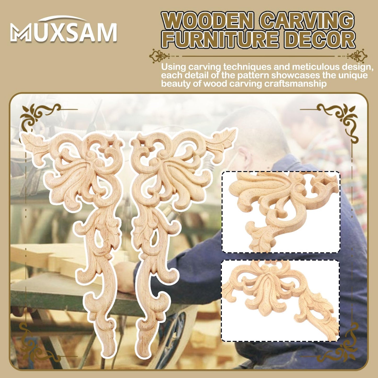 MUXSAM 1-Pair Wood Carved Onlays, 20x10cm/7.87"x3.94", Left&Right Decorated Furniture Appliques, Wooden Carving Corner Decals for Cabinet Drawer Cupboard Dresser Mirror Door Wall Bed DIY Projects