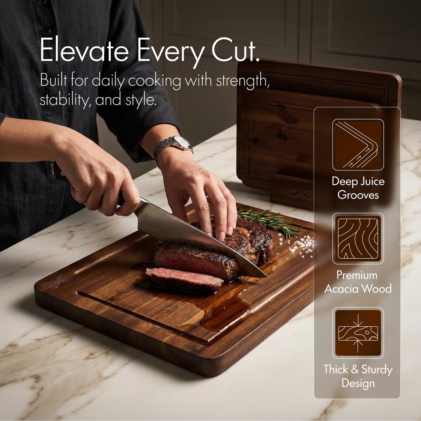Xushro Acacia Wood Cutting Board Set of 3 with Stand - Thick Wooden Chopping Boards with Deep Juice Grooves - Non-Slip & Durable Wooden Boards for Meat & Vegetables (16x12, 14x10, 12x8) - Walnut
