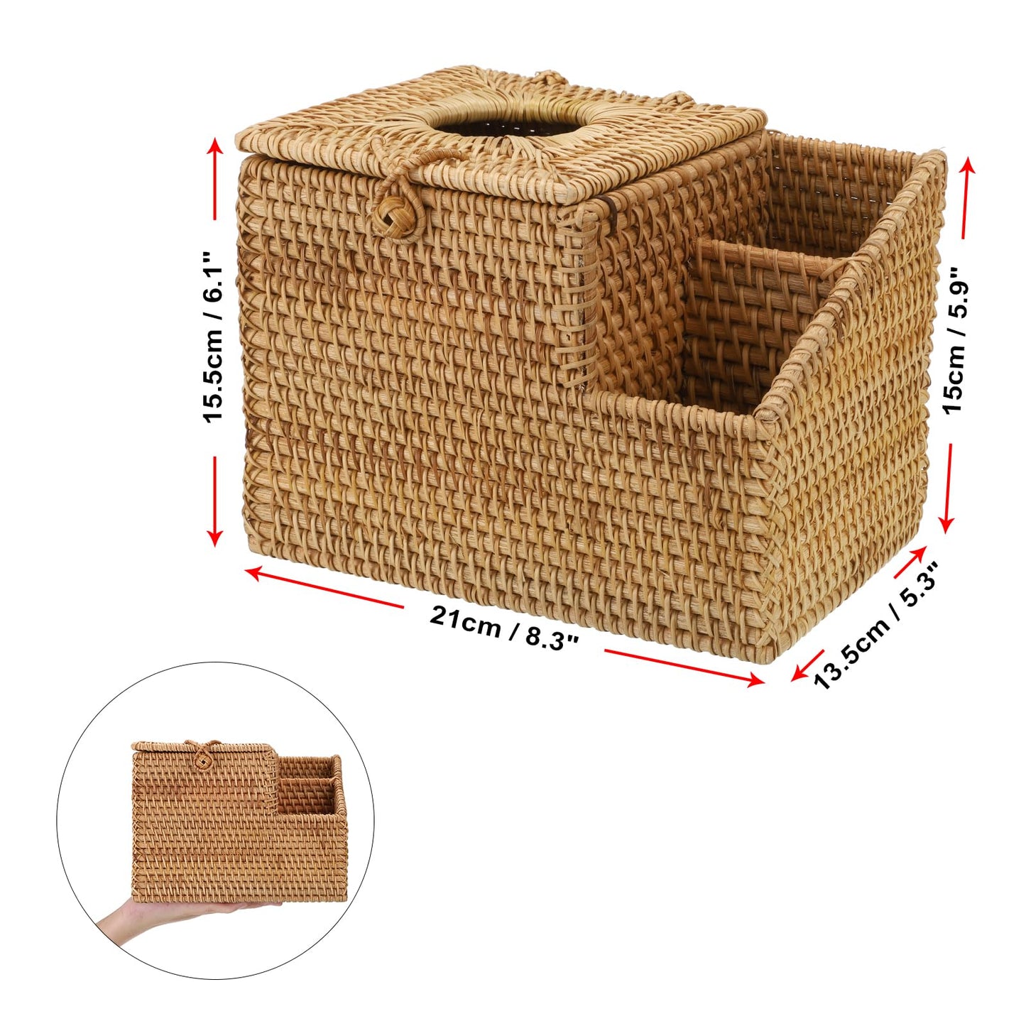 Sumnacon Tissue Box Square Tissue Box Cover with Storage Rattan Tissue Box Holder with 2 Side Organizer,Wicker Tissue Cover Cube Tissue Holder for Bathroom Living Room Table Desk Office