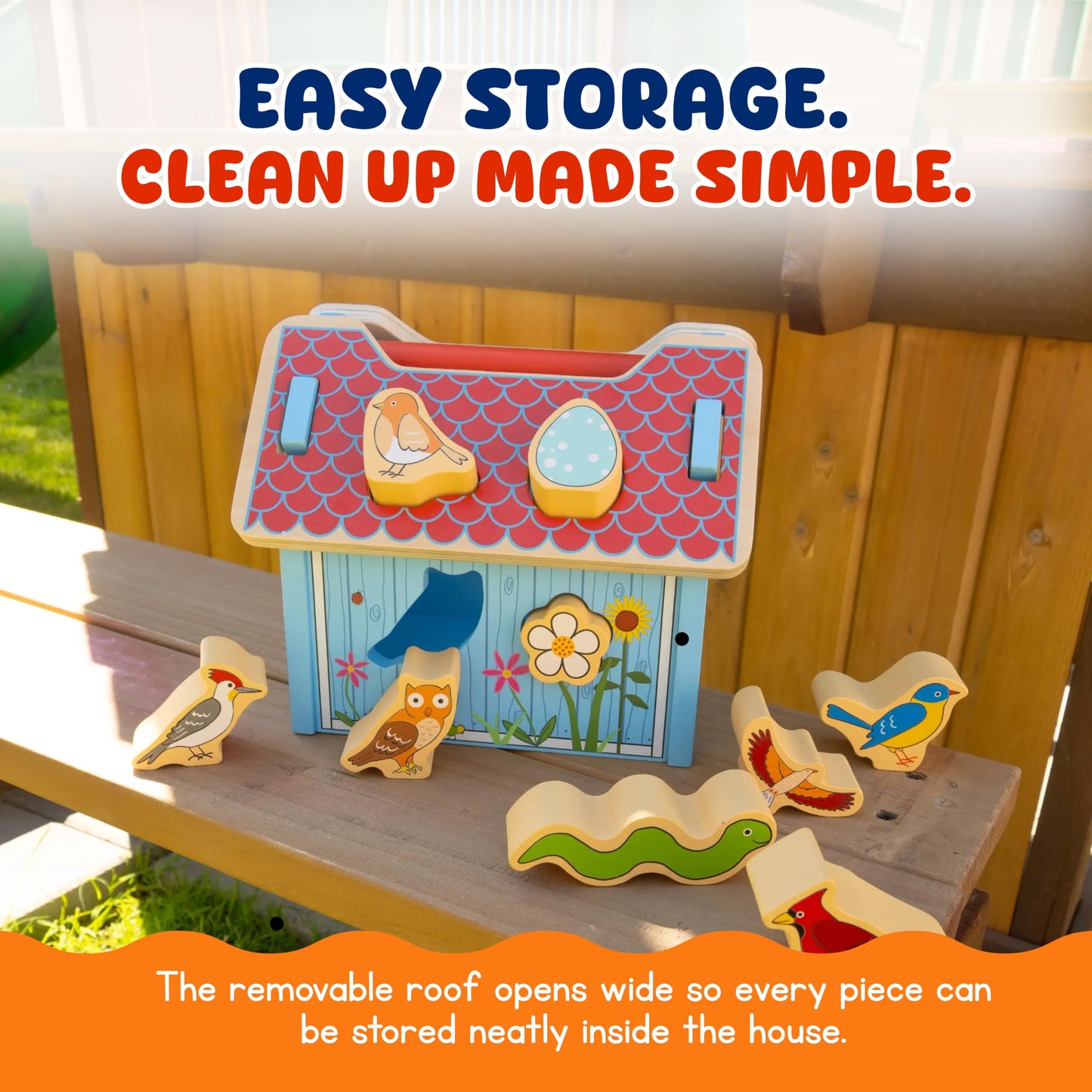 Jack Rabbit Creations Wooden Bird House Shape Sorter – Built-in Handle, Removable Roof – Non-Toxic, Certified Wood – Fine Motor Toddler Toy, Birthday Gift, Ages 18+ Months