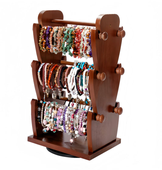 Two-Sided Rotating Wooden Jewelry Bracelet Holder Stand – 3-Tier Display with 6 Removable Bars for Bracelets, Bangles, Watches & Accessories – Brown Wooden Organizer for Home or Retail Showcase