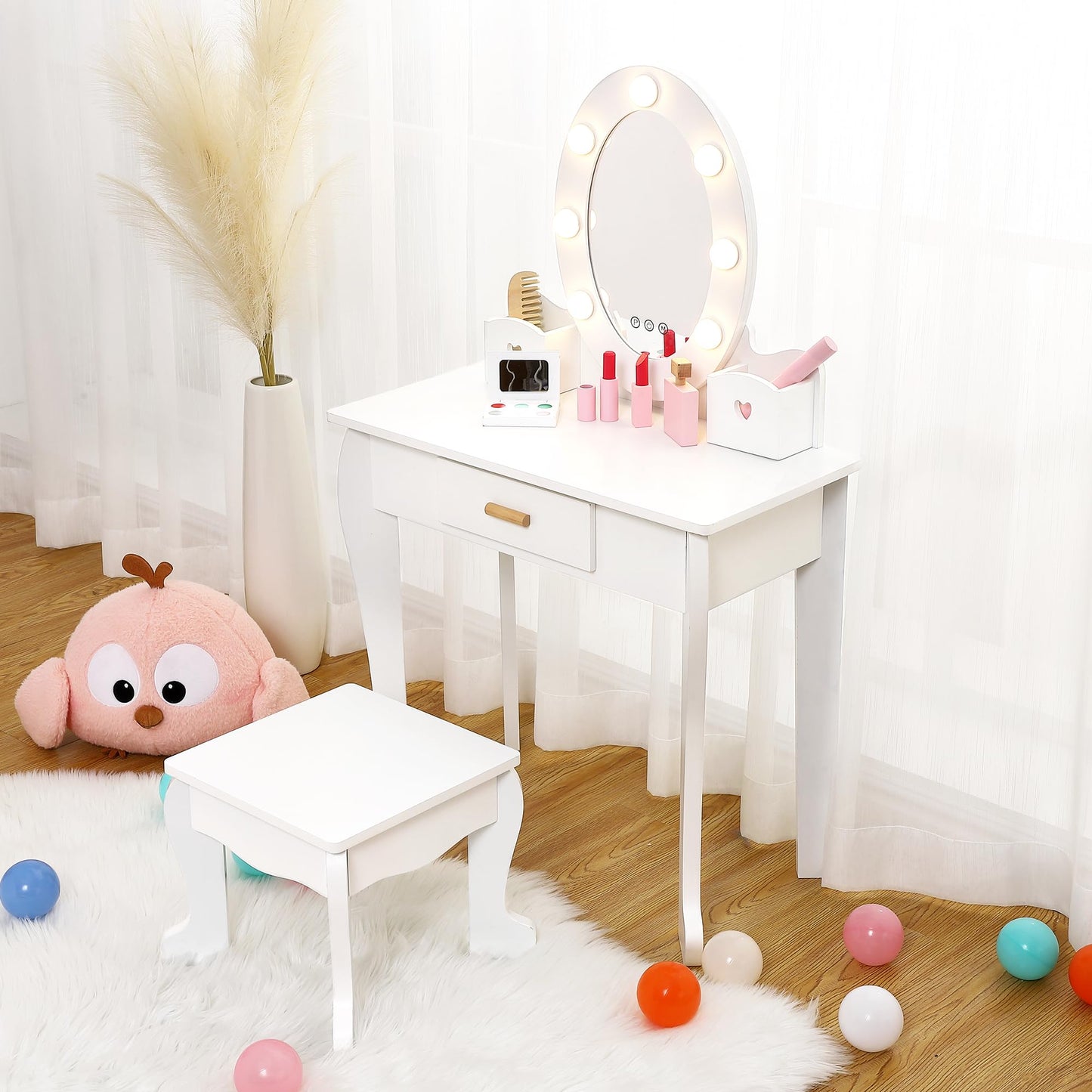 Garvee Kids Vanity Set, Pretend Play Girls Vanity Table and Chair Set with Lighted Mirror, Stool, and Wood Makeup Playset, White