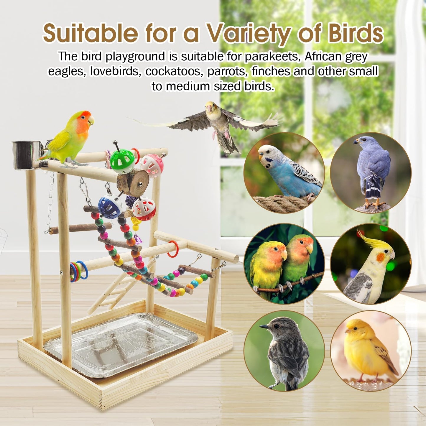 PINVNBY Bird Playground Parrot Playstand Play Gym Cockatiel Wood Bird Toys Birds Cage Accessories Playpen Ladder with Feeder Cups Hanging Swing Toys for Parakeet Conure Lovebird Cockatiel