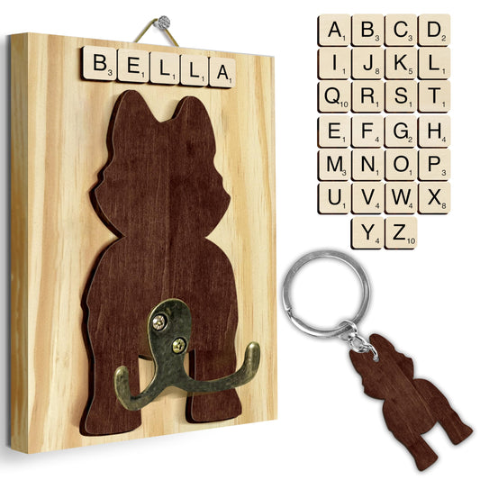 VINARTSVN Husky Dog Leash Holder Wall Mount with Scrabble Letters, Wooden Dog Wall Hook Organizer, Pet Collar and Harness Holder Entryway, Key Hook & Leash Rack, Home Decor for Pet Lovers PF297-45