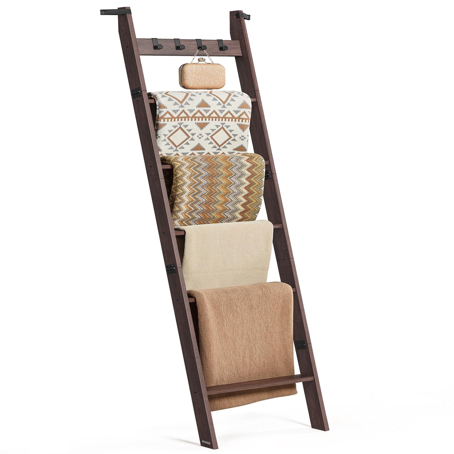 VASAGLE CUSTOS Collection - Blanket Ladder Shelf, 6-Tier Ladder Rack for Storage and Decor with 4 Removable Hooks, Decorative Farmhouse for the Living Room, Maroon Brown ULLS038K01