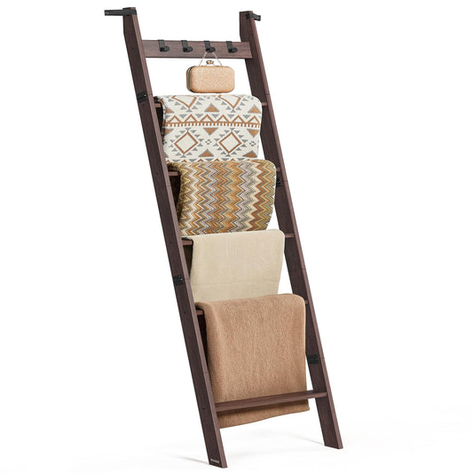 VASAGLE CUSTOS Collection - Blanket Ladder Shelf, 6-Tier Ladder Rack for Storage and Decor with 4 Removable Hooks, Decorative Farmhouse for the Living Room, Maroon Brown ULLS038K01