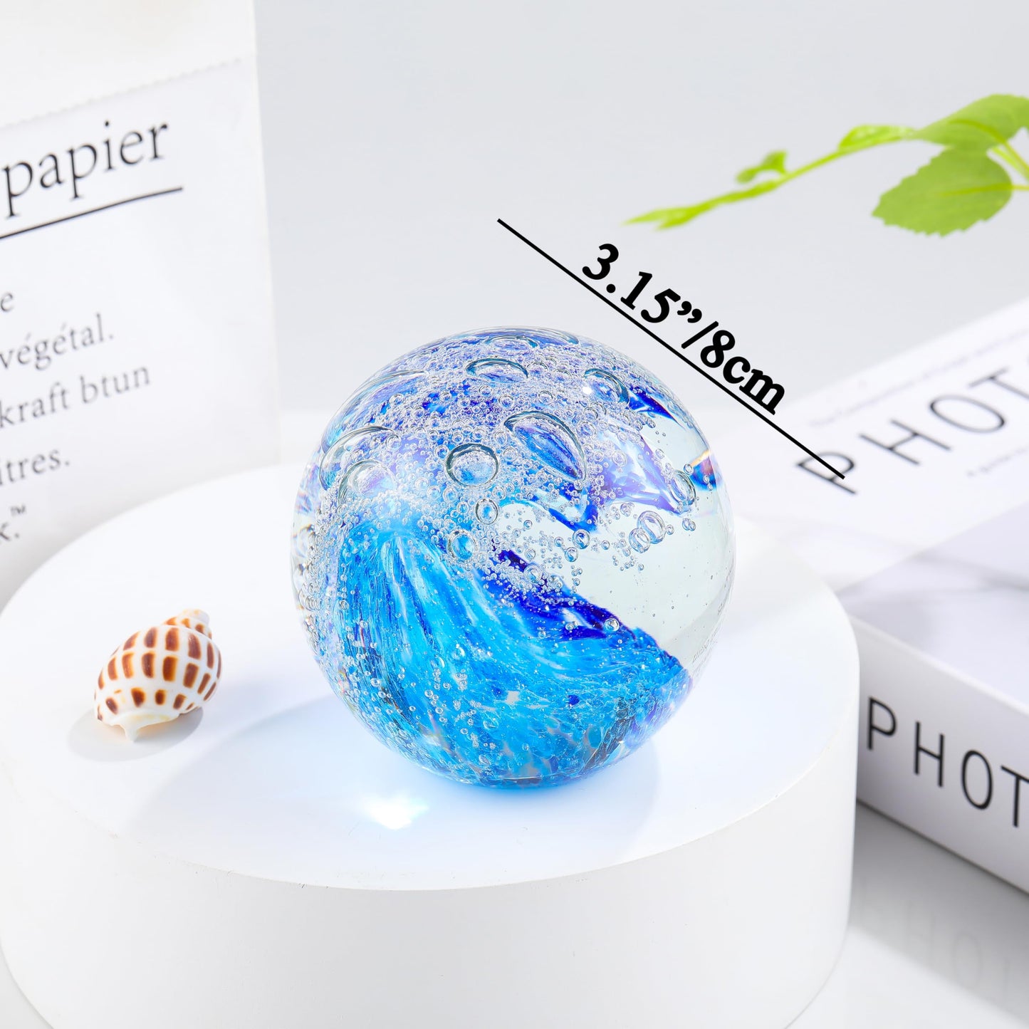 Qianwei Hand Blown Ocean Waves Crystal Ball - Glass Collectible Figurines Spere - Paperweight Glass Ball Aquarium DecorOffice Decor Ocean Lovers