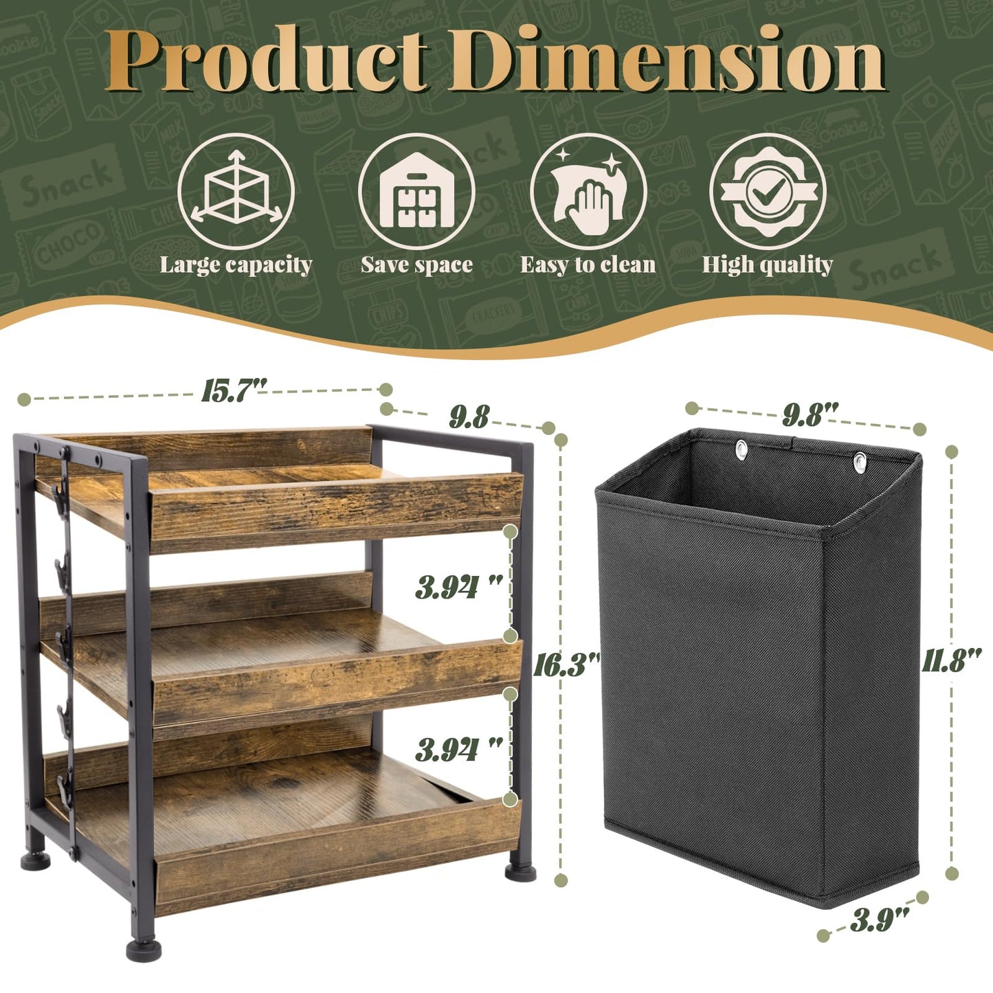 Aquzee Snack Organizer Rack for Countertop, 3 Tier Wooden Candy Display Shelf, Retail Display Shelves with Storage Bag and Chip Clips, Snack Bar Station for Counter, Kitchen, Pantry, Office, Store